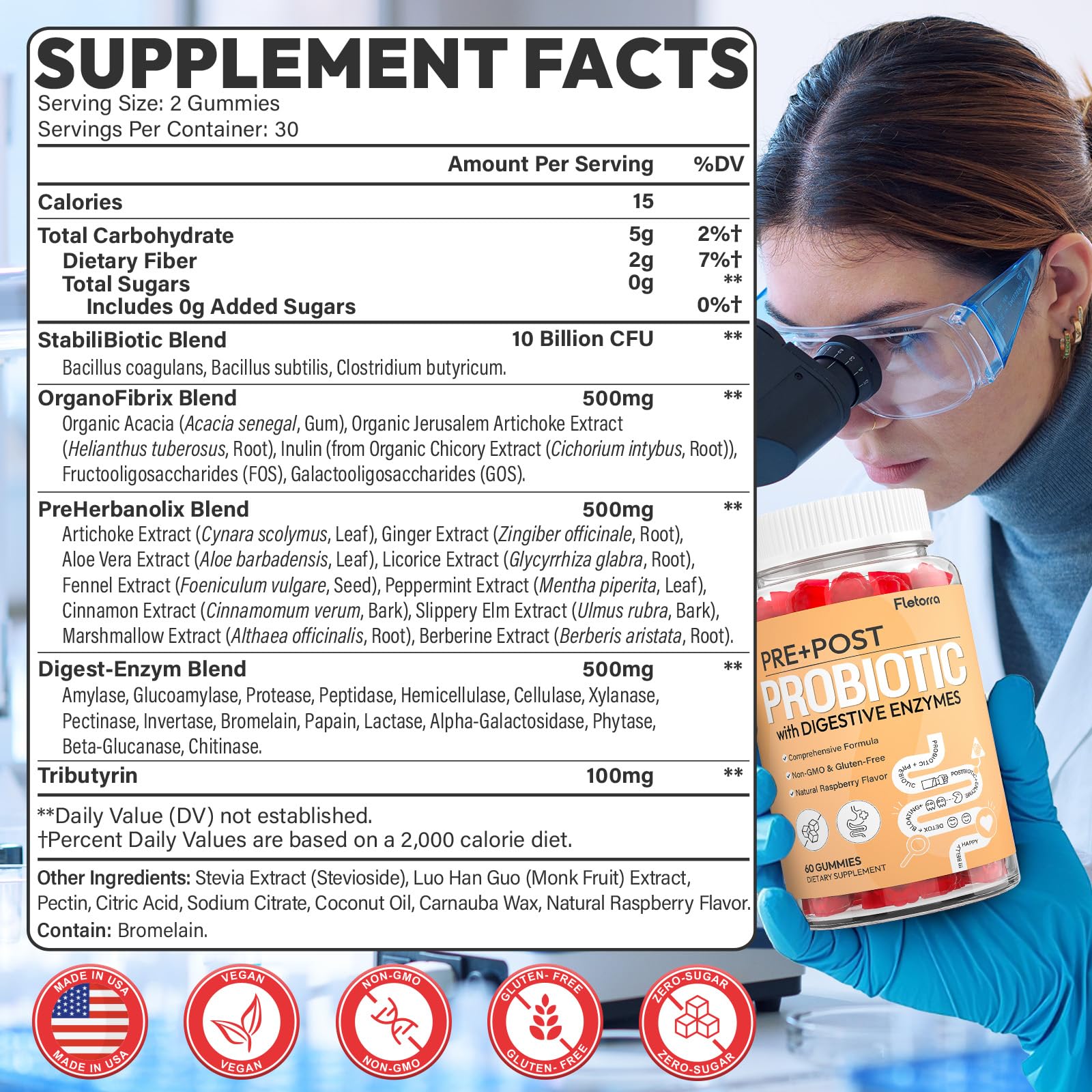Probiotics for Women and Men, with 15 Prebiotics, 16 Digestive Enzymes & Postbiotics - Probiotics for Digestive Health & Bloating, Probiotic Gummies for Gut Health & Immunity, Sugar-Free, 60 Gummies FletorraAu supplements