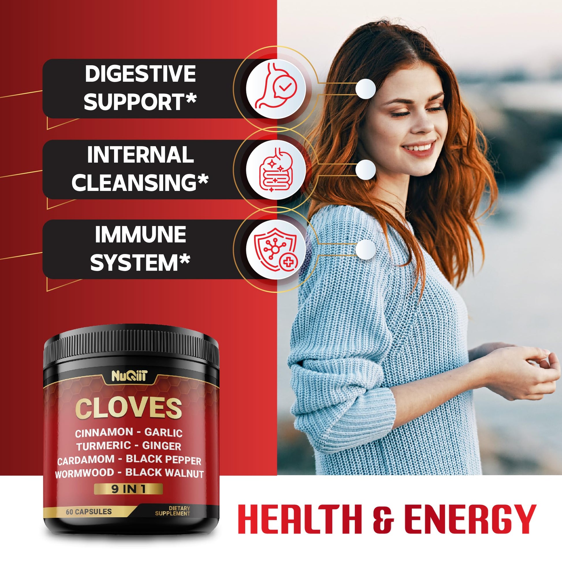 9in1 Clove Supplement Rich in Vitamins & Minerals for Digestive, Immune System, Bone & Heart Health with Cinnamon, Turmeric, Ginger, Cardamom, Garlic, Wormwood, Black Walnut - 60 Capsules - 30 Days NUQIITAu supplements