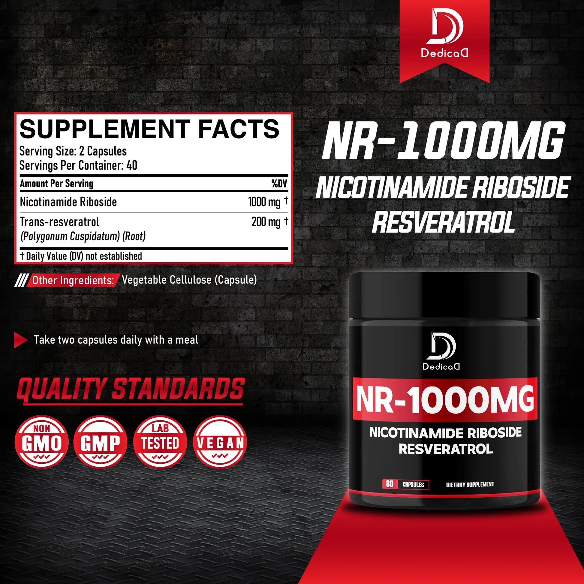 DEDICAD NAD Supplement with Nicotinamide Riboside and Trans Resveratrol - NR for Men & Women - 80 Capsules DEDICADnz supplements