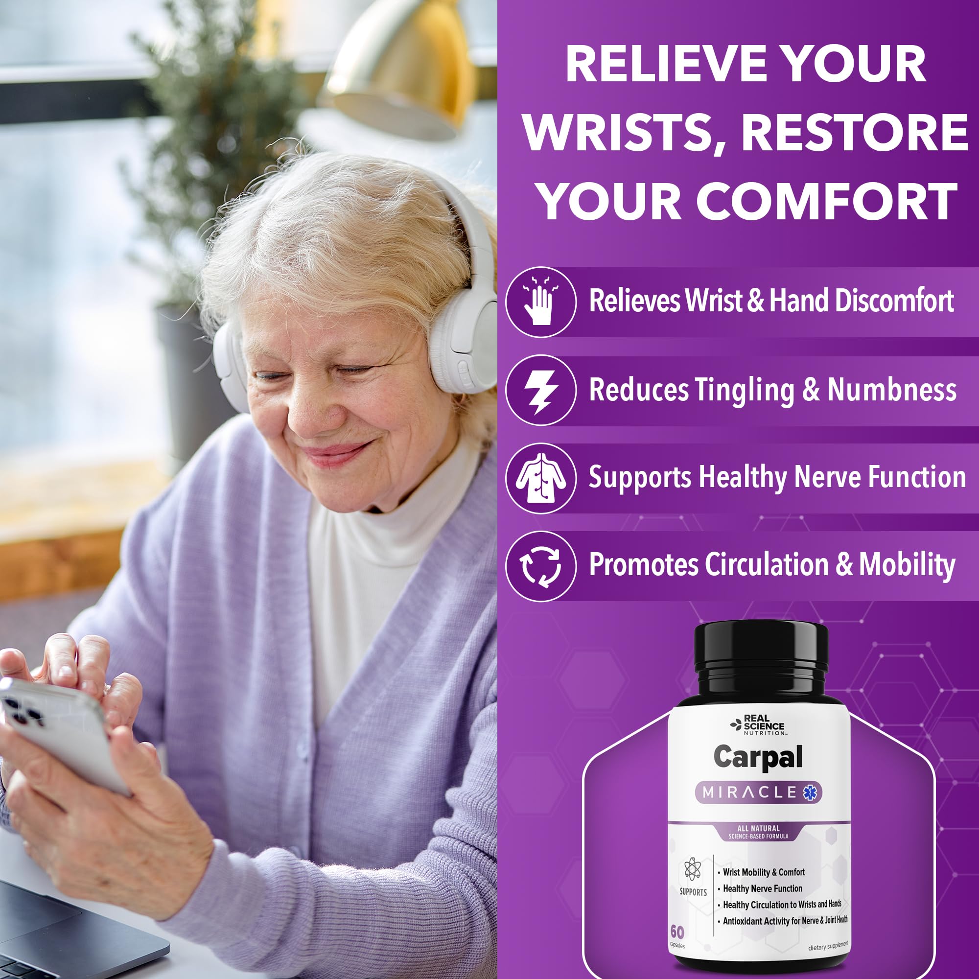 Real Science Carpal Miracle – All Natural Carpal Tunnel Relief & Wrist Support Supplement with Vitamins B6, B12, C, D, K + GABA – Hand & Nerve Comfort – Made in USA, 60 Caps Real Science NutritionAu supplements