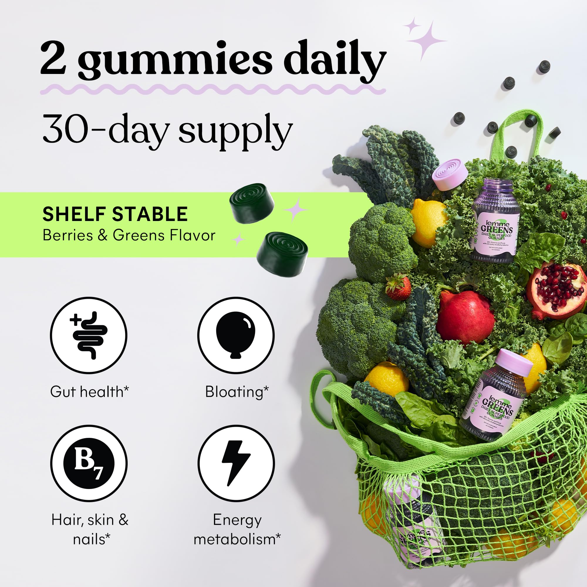 Lemme Greens Superfood Gummies w/Multi - Support Gut Health & Reduce Bloating, 20+ Organic Greens and Superfruits, Clinically Studied Probiotics, D3, B12 - Berries & Greens Flavored (60 Count) LemmeAu supplements