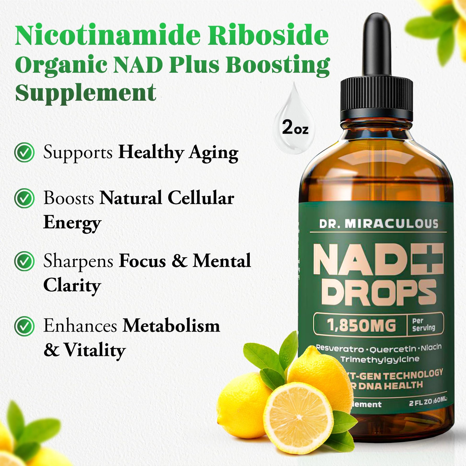 Dr. Miraculous Pure NAD+ Supplements 1850mg Liquid Drops for Women & Man | Nicotinamide Riboside Organic NAD Plus Boosting Supplement - Natural Lemon Flavor Dr. MiraculousAu supplements