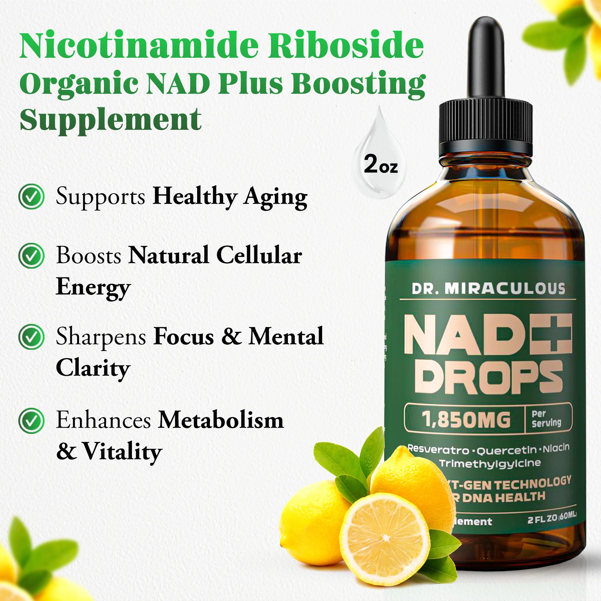 Dr. Miraculous Pure NAD+ Supplements 1850mg Liquid Drops for Women & Man | Nicotinamide Riboside Organic NAD Plus Boosting Supplement - Natural Lemon Flavor Dr. MiraculousAu supplements