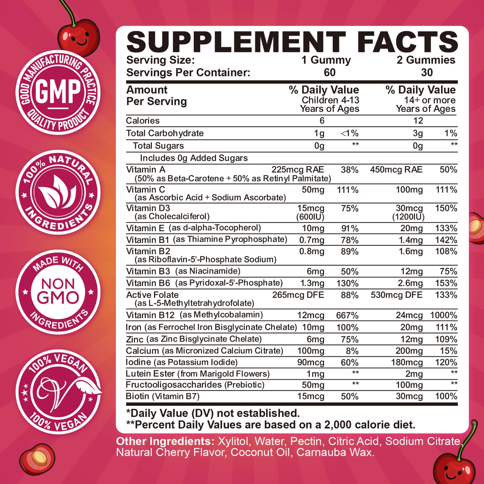 Iron Gummies for Kids & Teens, Kids Multivitamin with Iron Supplement, Calcium, Folate, Zinc, Prebiotic - for Blood Builder & Energy Support, Iron Deficiency - Vegan & Non-GMO - 60 Count Cherry CFILIHTCAu supplements