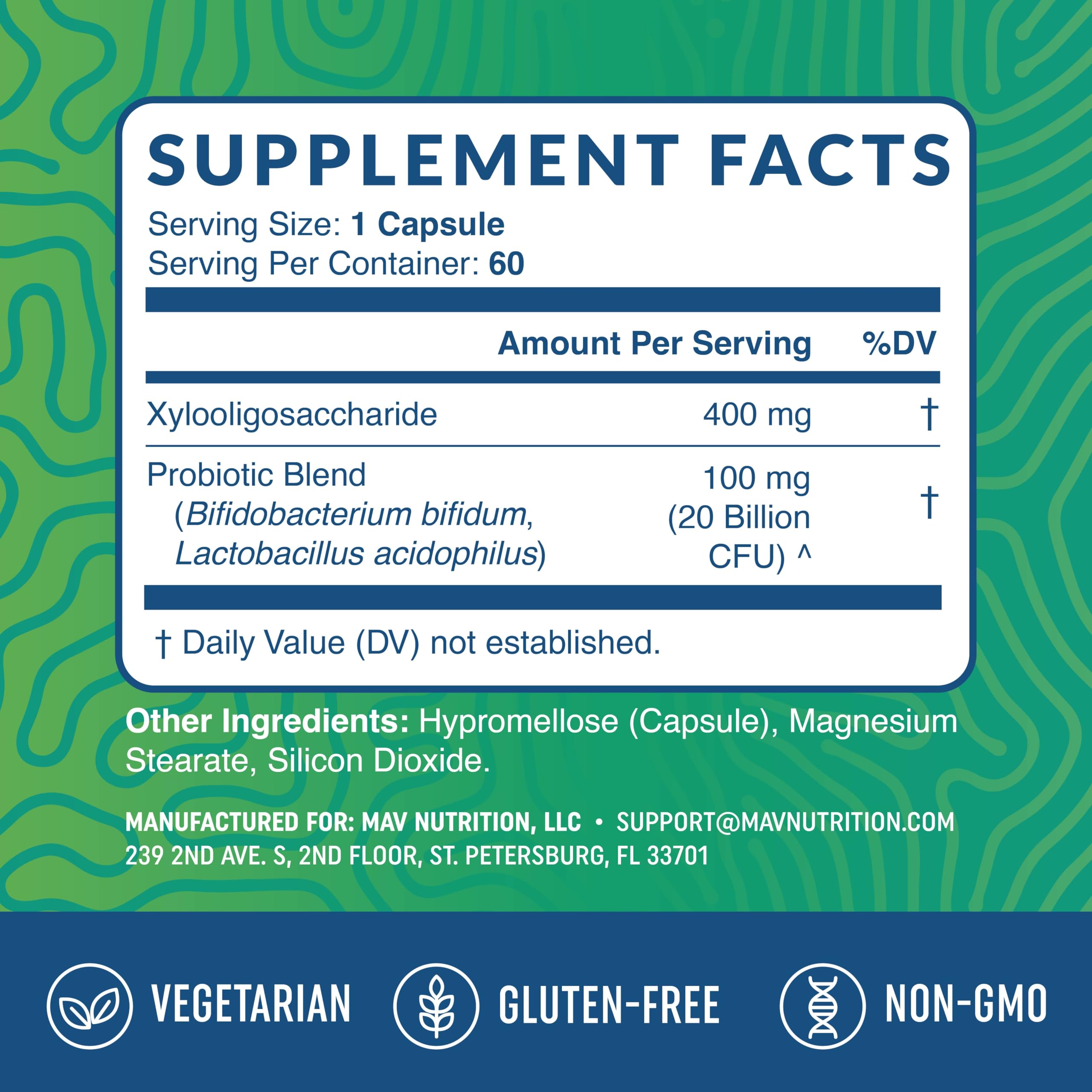 Prebiotics and Probiotics for Women & Men | Pre and Probiotics for Gut Health & Bloating Relief | Synbiotic with 20 Billion CFU Lactobacillus & Bifidobacterium | Shelf-Stable | Vegetarian | 60 Ct. MAV NUTRITIONAu supplements