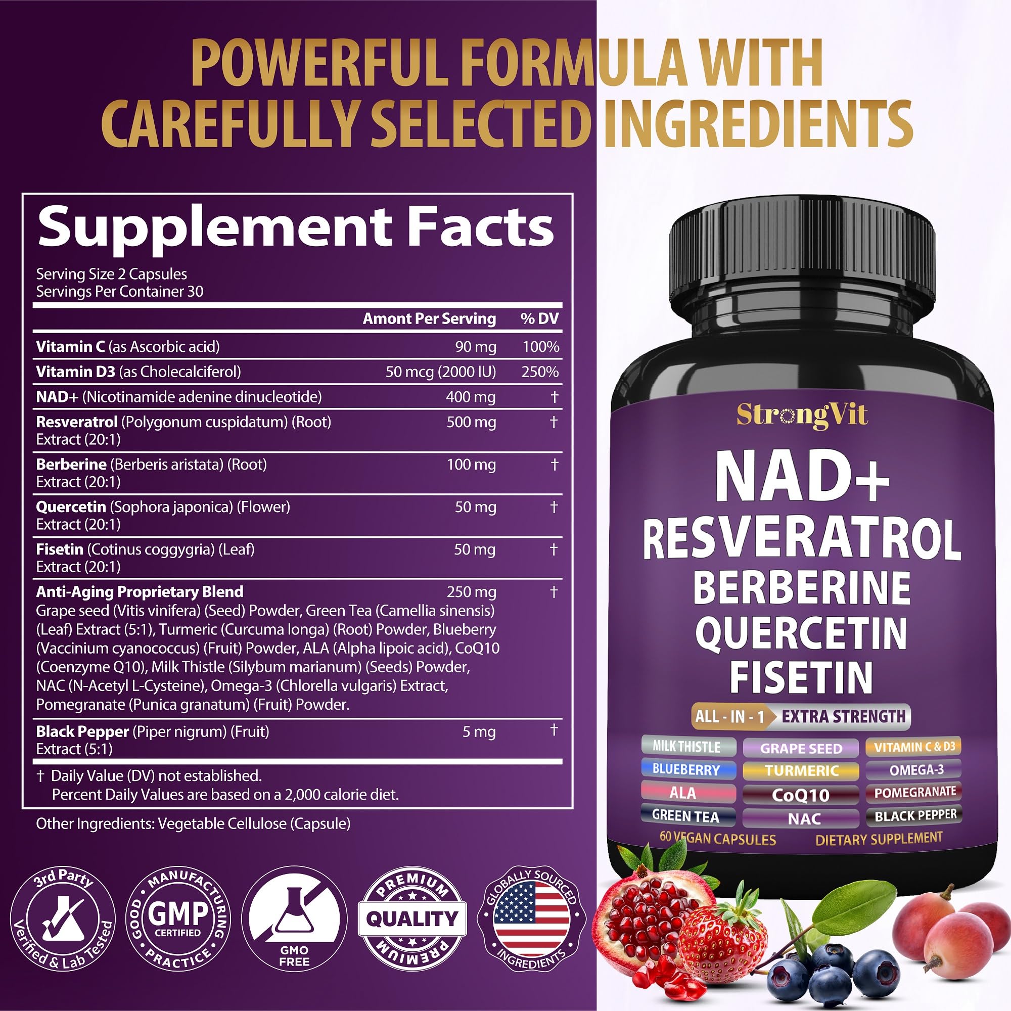 NAD Resveratrol Supplement with Berberine, Quercetin, CoQ10. Anti-Aging Formula for Women & Men. Liposomal NAD Plus, NAD+ Booster, Pure Organic Vitamin, USA StrongVitAu supplements