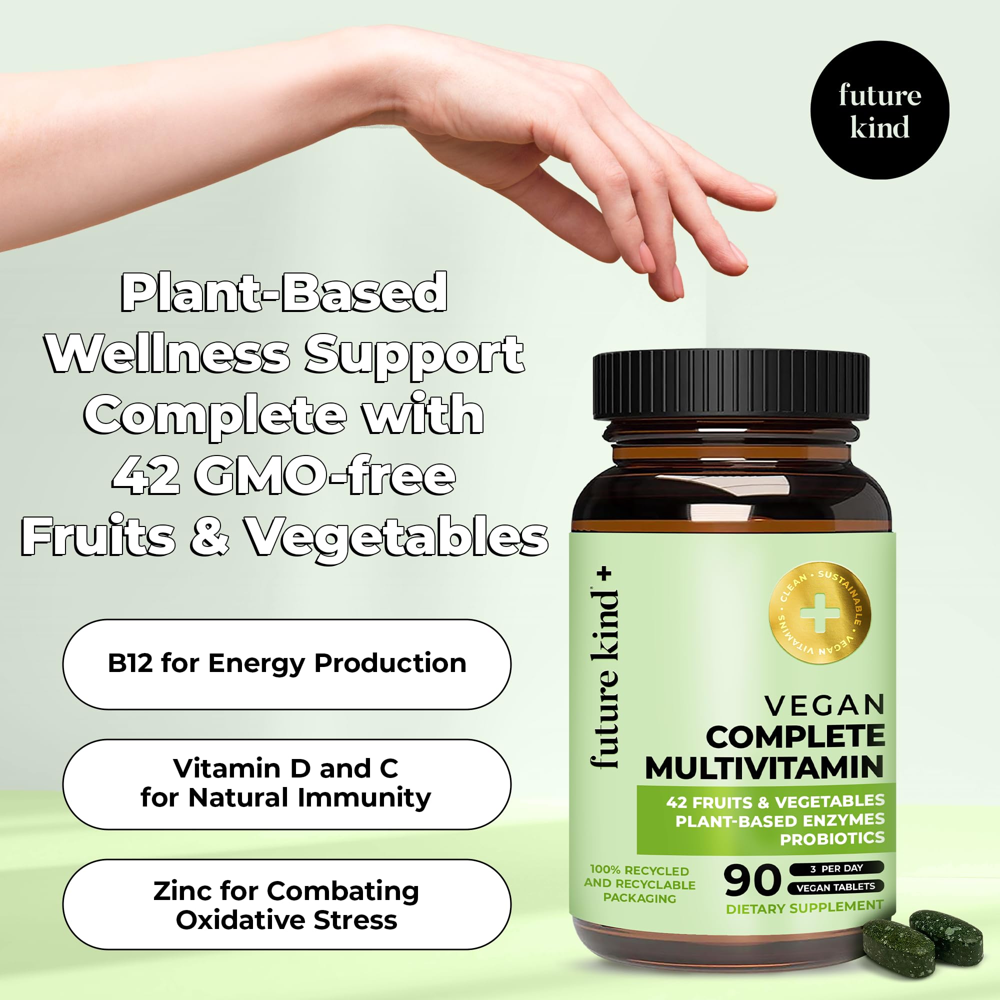 Future Kind Vegan Multivitamins Complete - 42-in-1 Vegan Multivitamins for Women & Men with Enzymes, B12, Zinc, & Probiotics for Digestion Future KindUS supplements