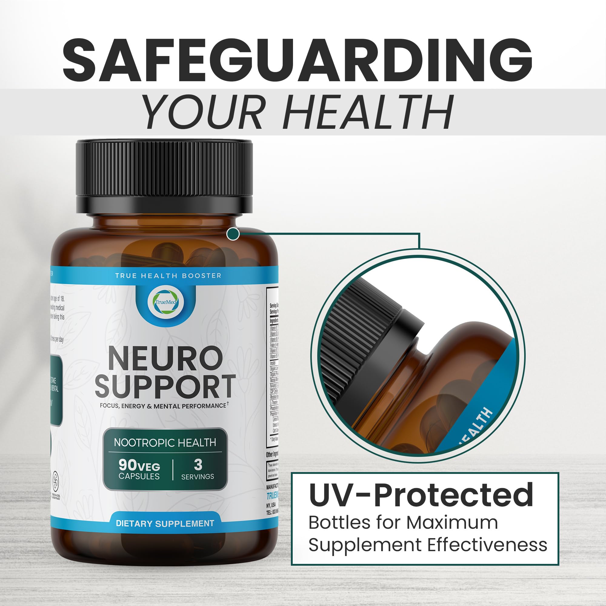 TrueMed Neuro Support - Premium Nootropic Supplement for Focus, Energy, Mental Clarity, and Performance Organic Lion’s Mane, Bacopa Monnieri, Rhodiola, Non-GMO Gluten-Free CDP Choline 90 Veg Capsules TRUEMEDAu supplements