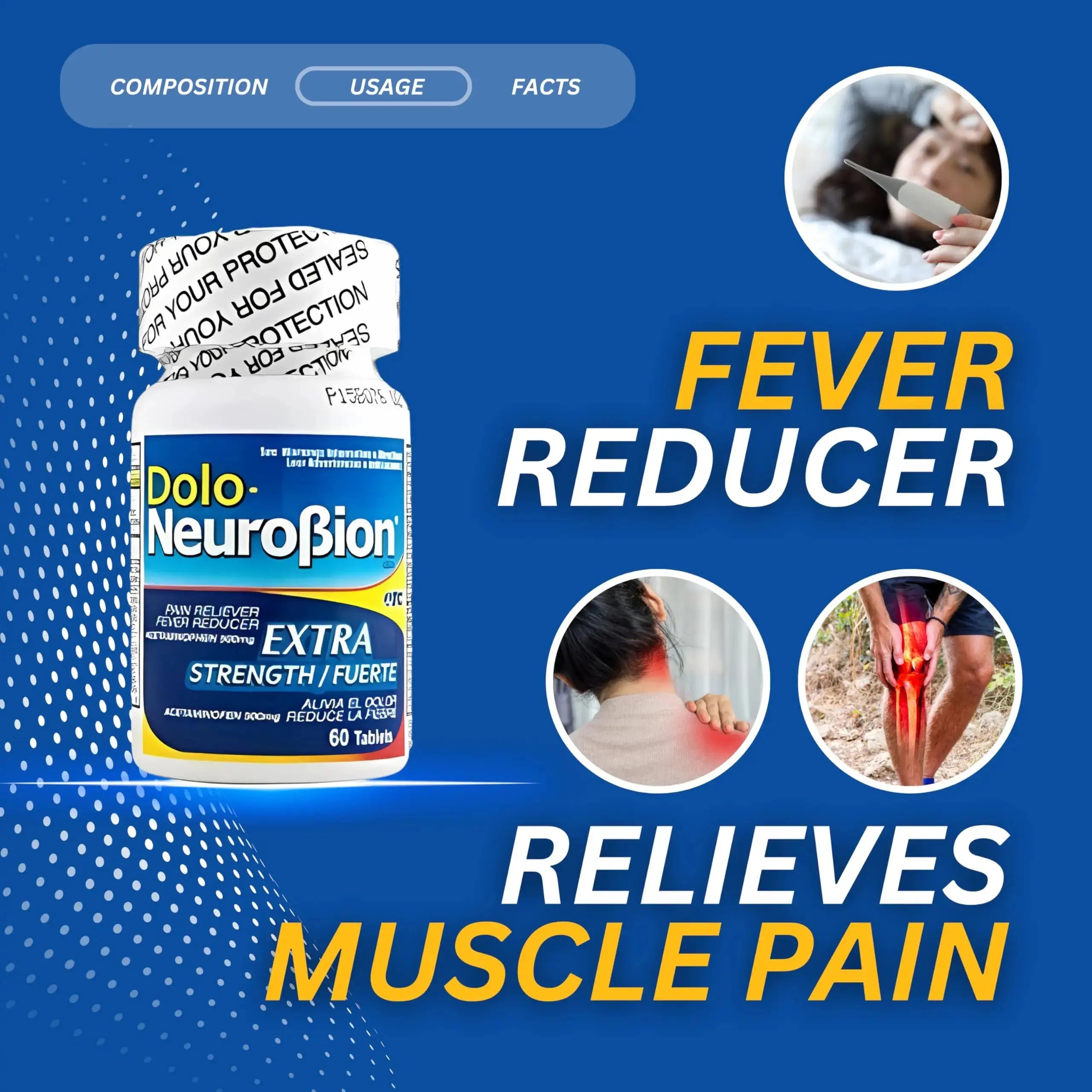 Dolo Neurobion Pain Reliever, Fever Reducer, Extra Strength. Alivia el Dolor,Reduce la Fiebre, Extra Fuerte. 60 Tablets. Acetaminophen 500 mg NeurobionAu supplements
