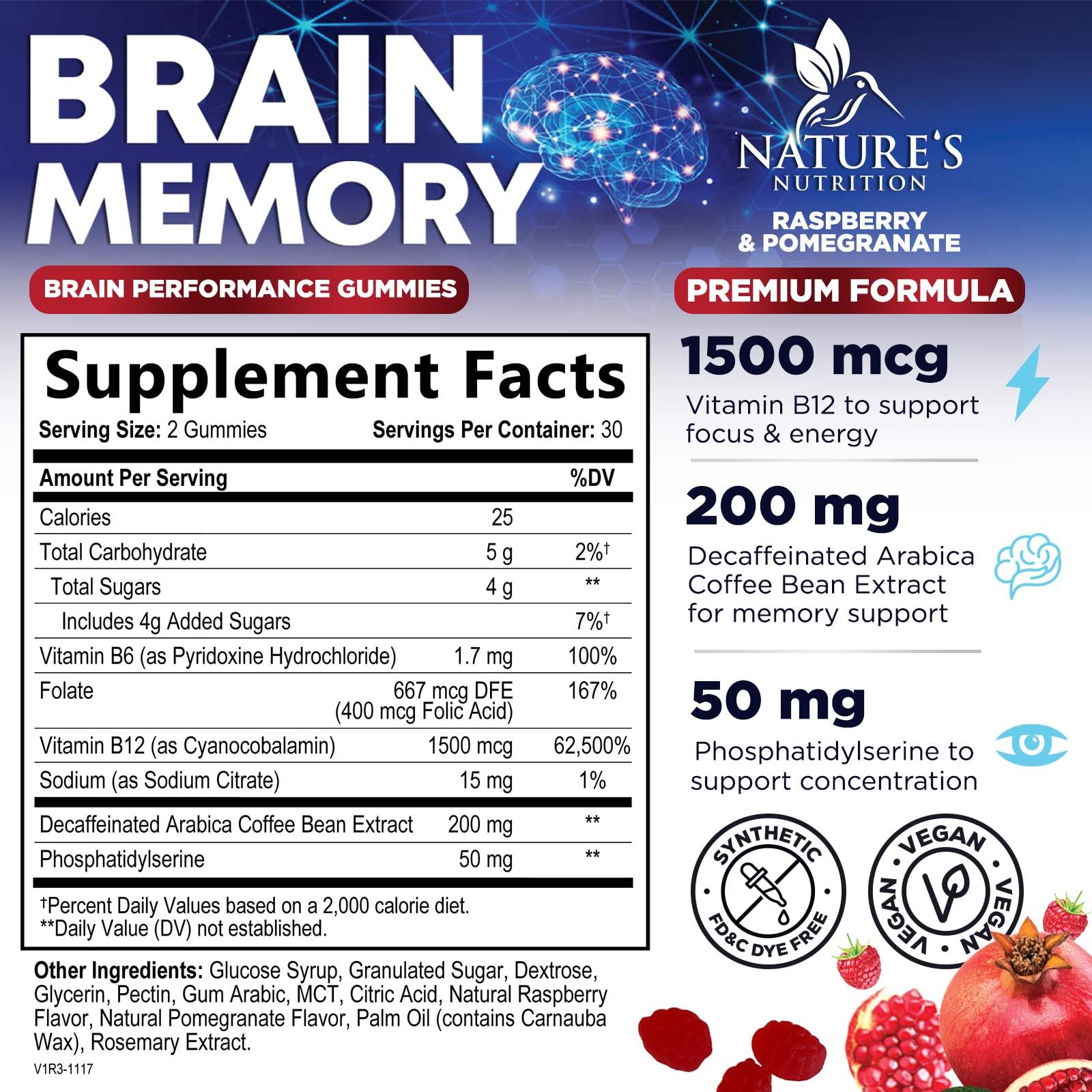 Brain Supplements for Memory & Focus Gummies - Brain Health Clarity with B6 B12 & Phosphatidylserine - Natural Nootropics Cognitive Concentration & Alertness Support Vitamins - 60 Vegan Gummies Nature's NutritionAu supplements