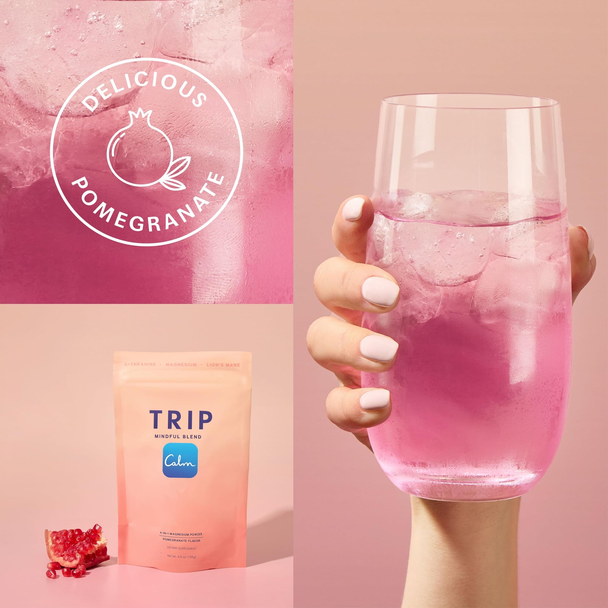 TRIP Magnesium Glycinate Powder with L-Theanine & Lion’s Mane, Sugar Free Magnesium Supplement for Adults, 250mg Magnesium per Drink Mix Serving, Pomegranate Orange Blossom, 1 Bag - 30 Servings TRIPAu supplements