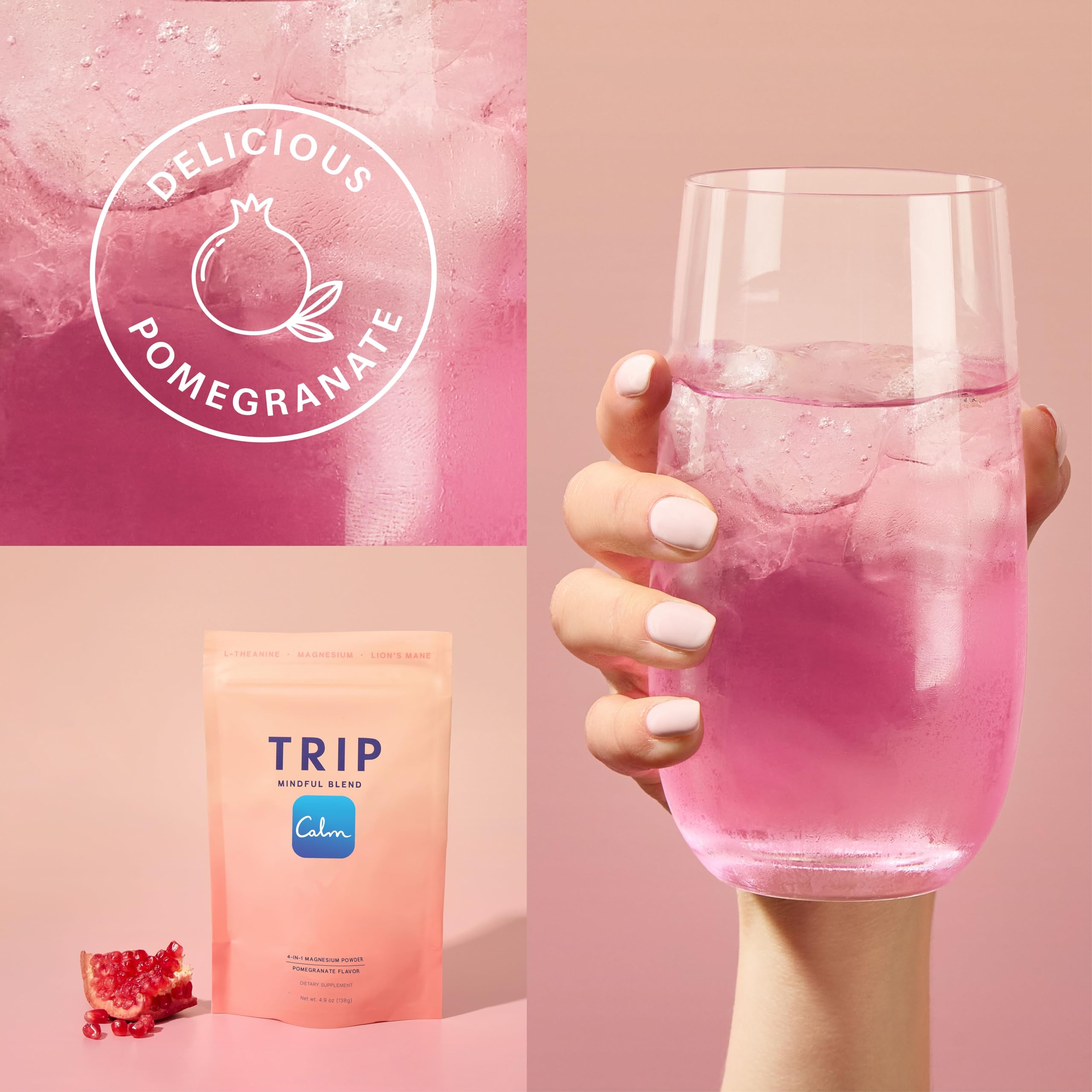 TRIP Magnesium Glycinate Powder with L-Theanine & Lion’s Mane, Sugar Free Magnesium Supplement for Adults, 250mg Magnesium per Drink Mix Serving, Pomegranate Orange Blossom, 1 Bag - 30 Servings TRIPAu supplements