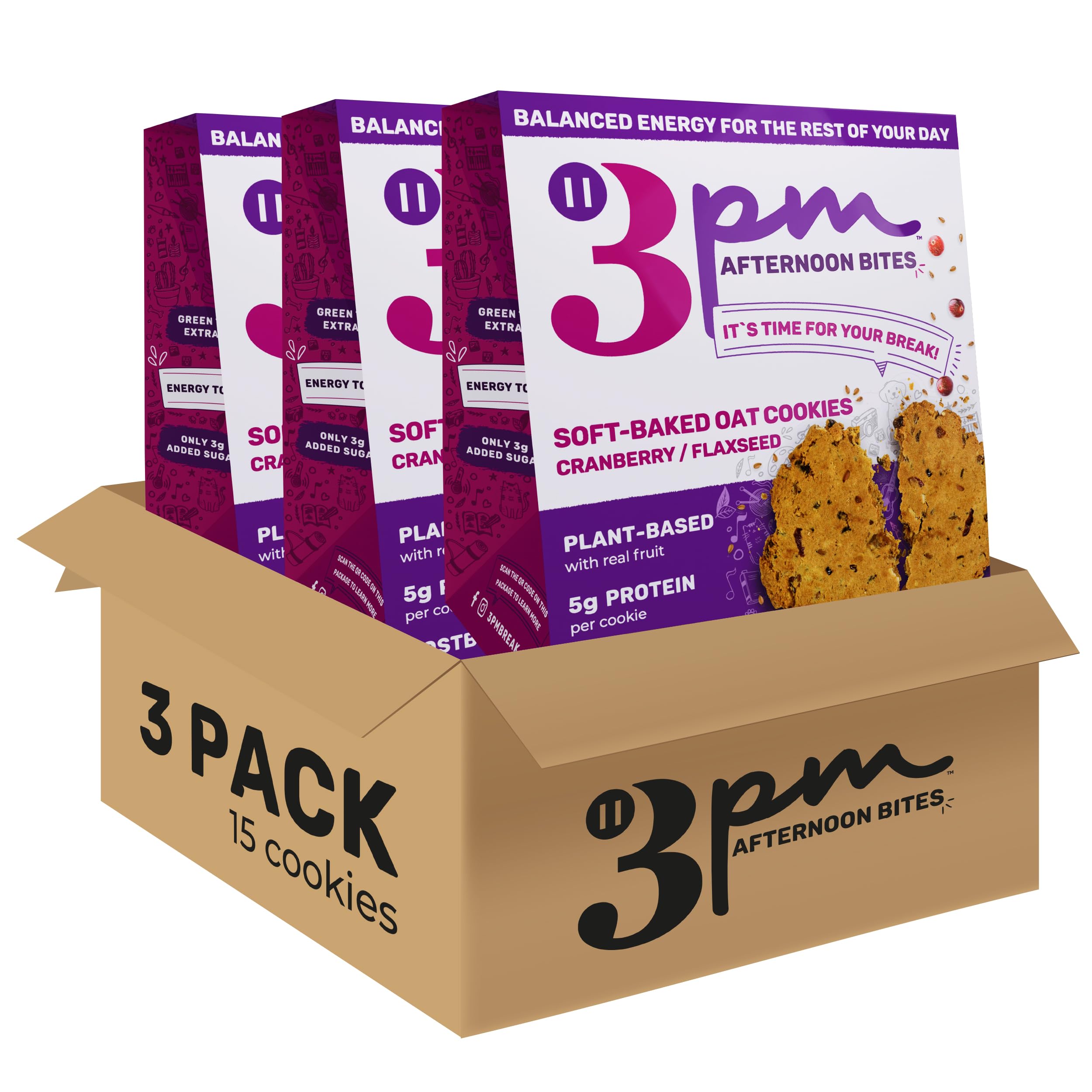 3PM Afternoon Bites Cranberry Flaxseed Cookies with Postbiotics, 5g of Protein, 15 Cookies 3PM AFTERNOON BITESAu supplements
