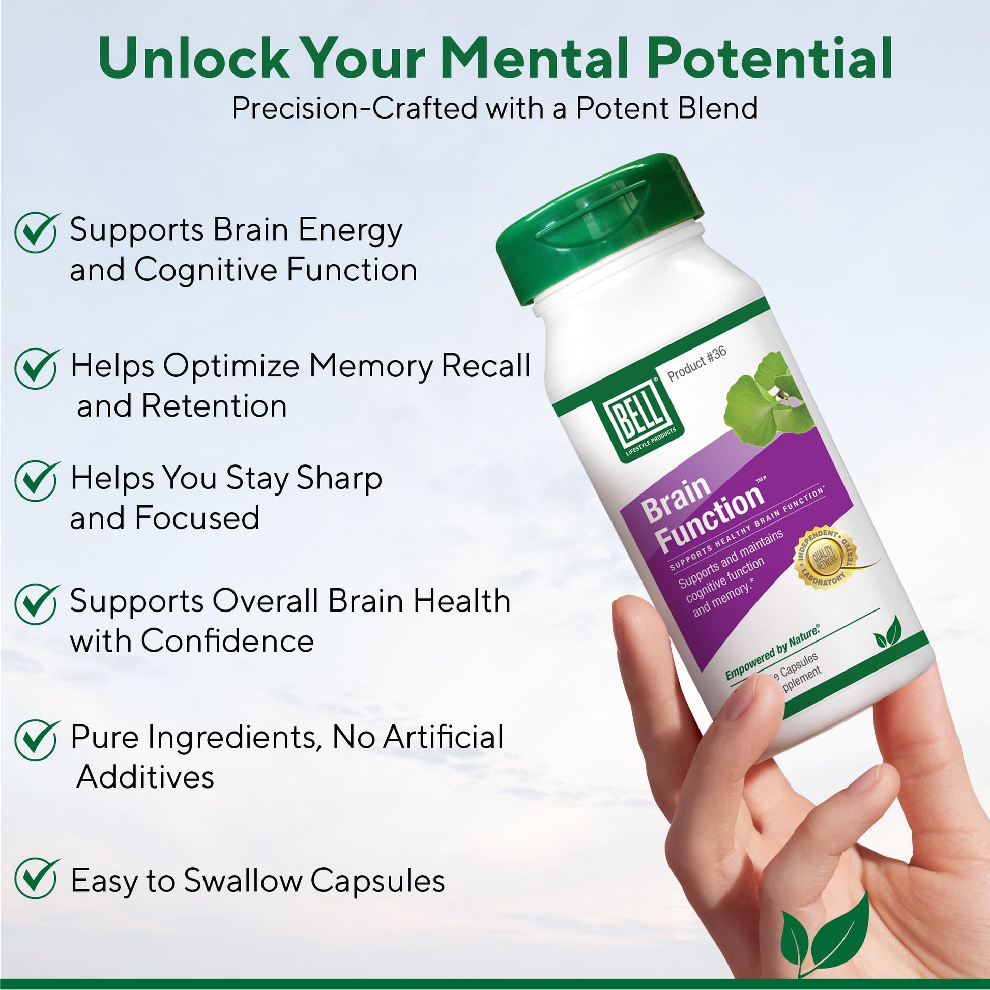 Bell Brain Function Lifestyle, Supports Cognitive Health with Ginkgo, Vitamin B12, Folate - 60 Vegetarian Capsules BellAu supplements