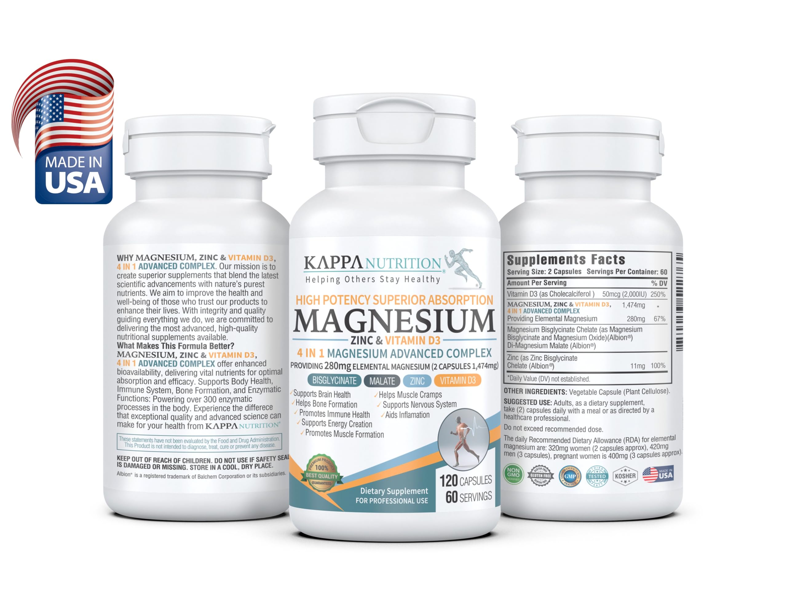 Kappa Nutrition Magnesium 4-in-1, 280mg Elemental Magnesium (Bisglycinate, Malate) + Zinc & Vitamin D3, Brain, Sleep, Energy, Muscle, Immune Support, 120 Vegan Capsules. KAPPA NUTRITIONAu supplements
