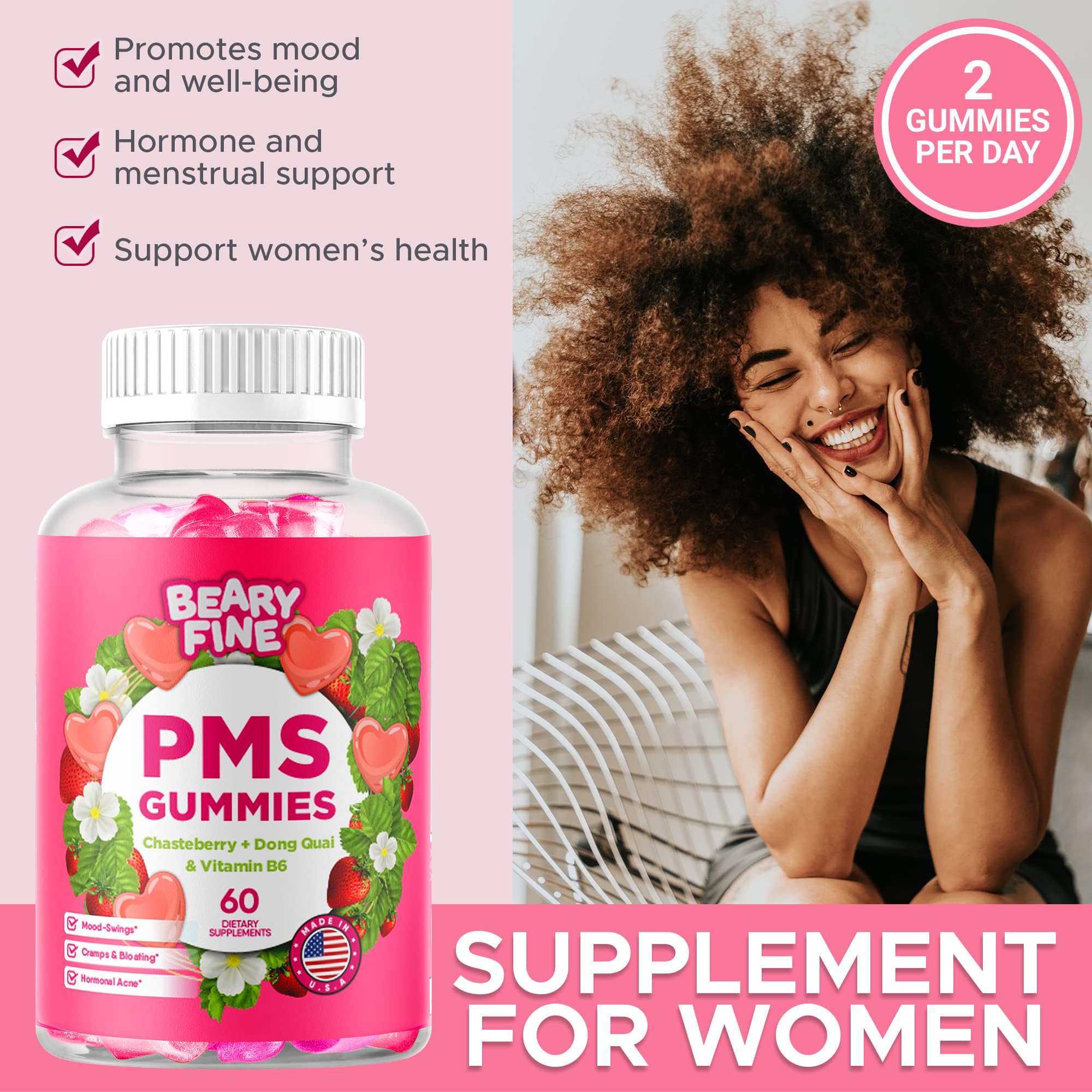 Beary Fine PMS Gummies - PMS Vitamins for Women & Teens - PMS Period Relief - Cramping, Bloating, Mood Swings - Made in The USA (Strawberry, 60 Count) Beary FineAu supplements