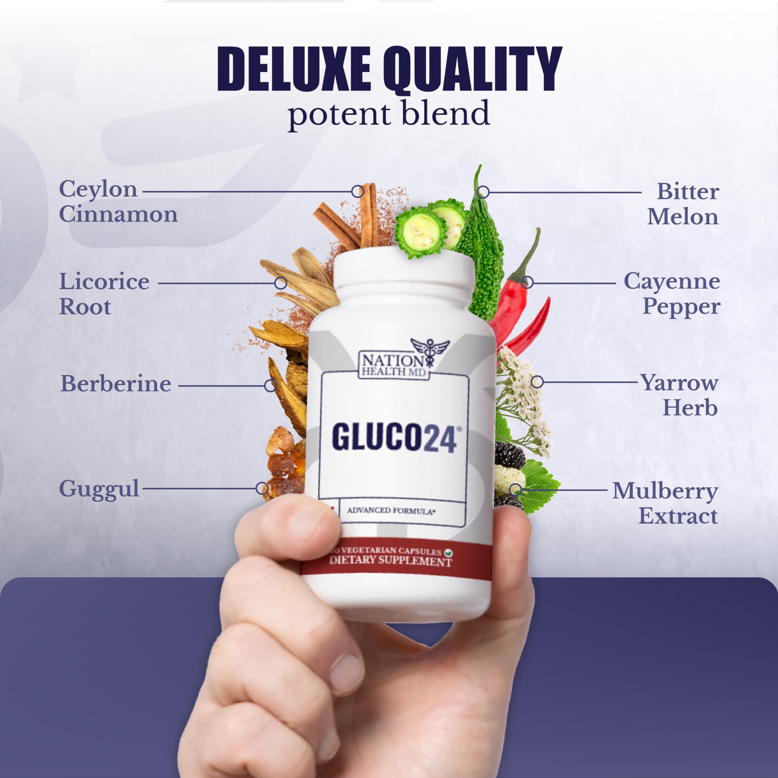 NATION HEALTH MD Gluco24 Advanced Formula - Dietary Supplement with Ceylon Cinnamon Bark Extract, Berberine HCI, Magnesium & Zinc - 60 Capsules NATION HEALTH MDAu supplements