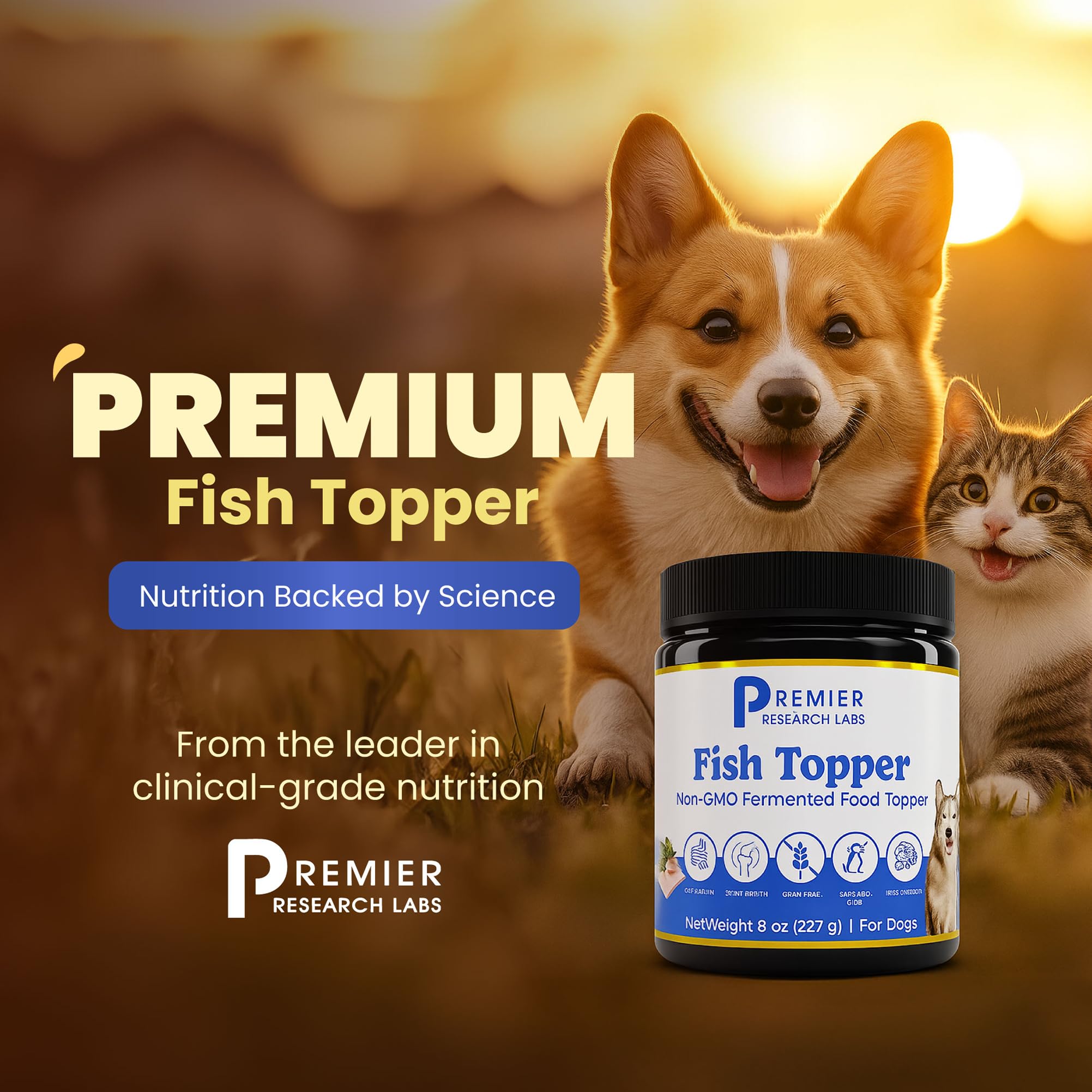 Premier Research Labs Fish Topper - Dried Dog Food Topper for Pets, Meal Mix Ins for Kibble, Supports Gut & Joint Health, Natural Source of Protein, Fermented, Grain Free, Non GMO - 16 oz Premier Research LabsAu supplements