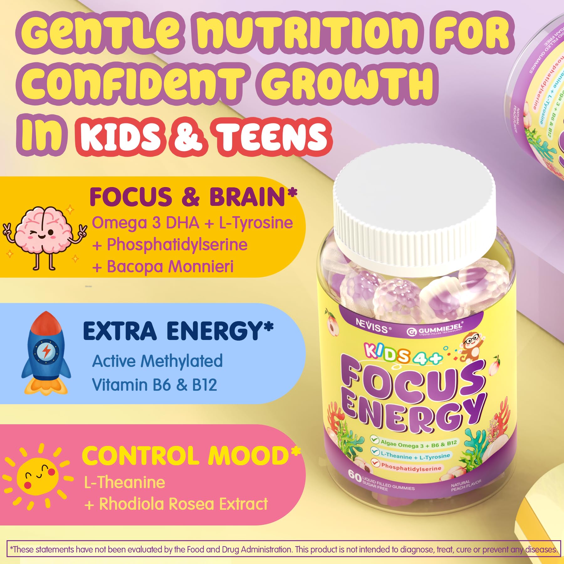 Kids Focus Gummies - Brain Supplements with Vegan Omega 3 DHA, Phosphatidylserine, L-Theanine, L-Tyrosine, Methylated B6 & B12 for Kids & Teen Support Attention, Memory, Nootropic, Sugar Free 60cts NEVISSAu supplements