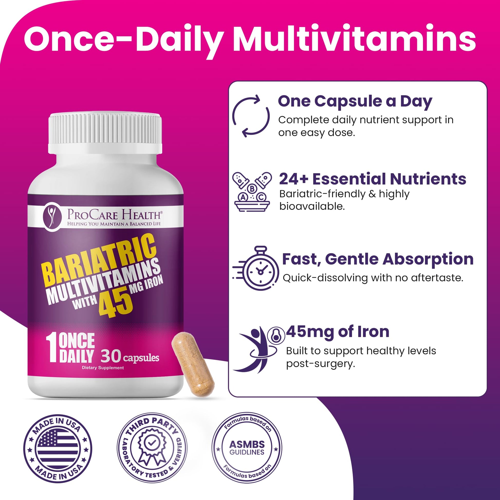 ProCare Health Bariatric Multivitamin with 45mg Iron (30 Easy to Swallow Capsules) - Once Daily Post-Op Support for Gastric Bypass ProCare HealthAu supplements