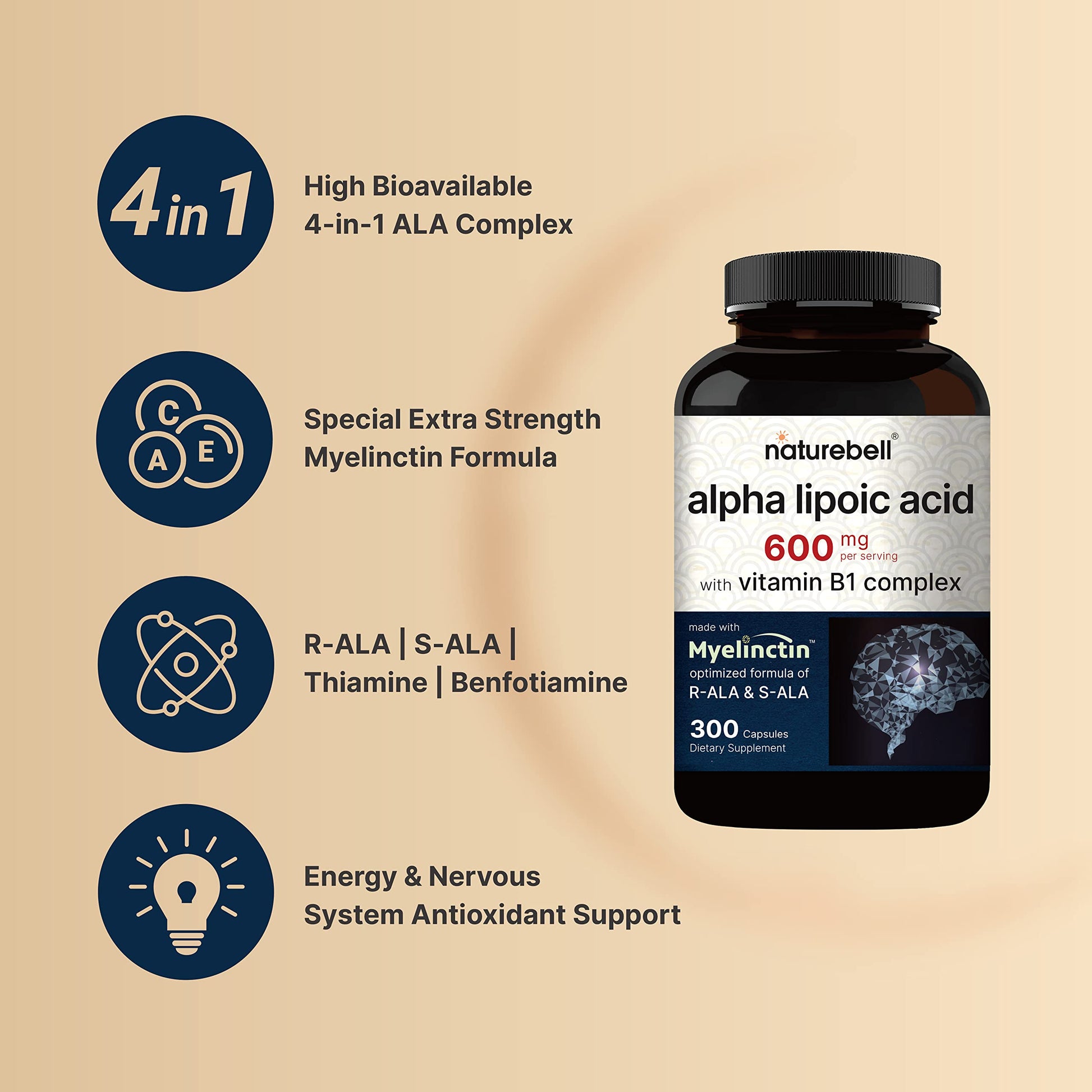 NatureBell Alpha Lipoic Acid 600mg Per Serving | 300 Capsules - with Vitamin B1 NatureBellUS supplements