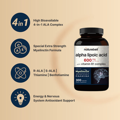 NatureBell Alpha Lipoic Acid 600mg Per Serving | 300 Capsules - with Vitamin B1 NatureBellUS supplements