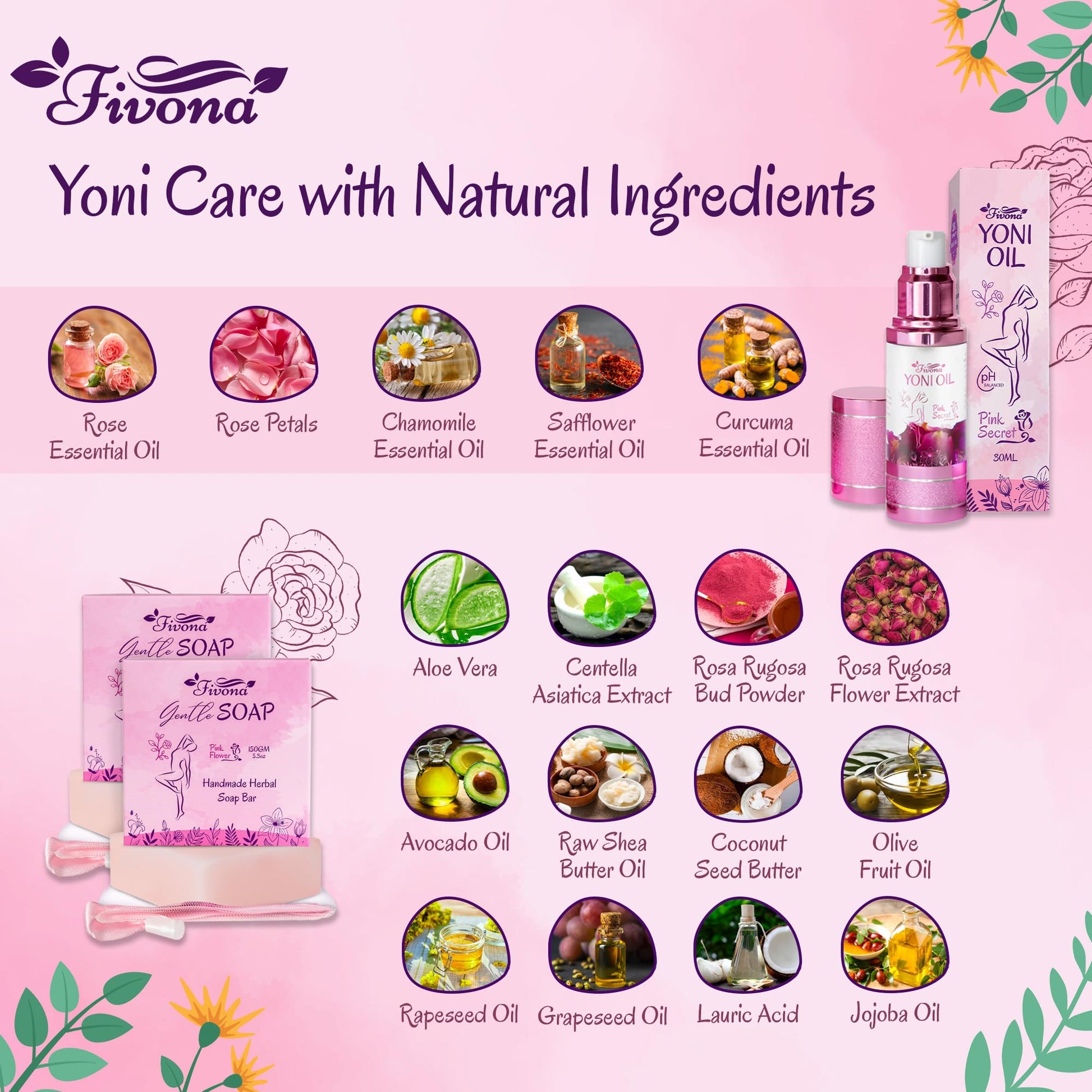 FIVONA 3 in 1 Set of Yoni Oil with 2 Yoni Soap Bars - Feminine pH Balanced Natural Vaginal Oil 30 ml FIVONAAu supplements