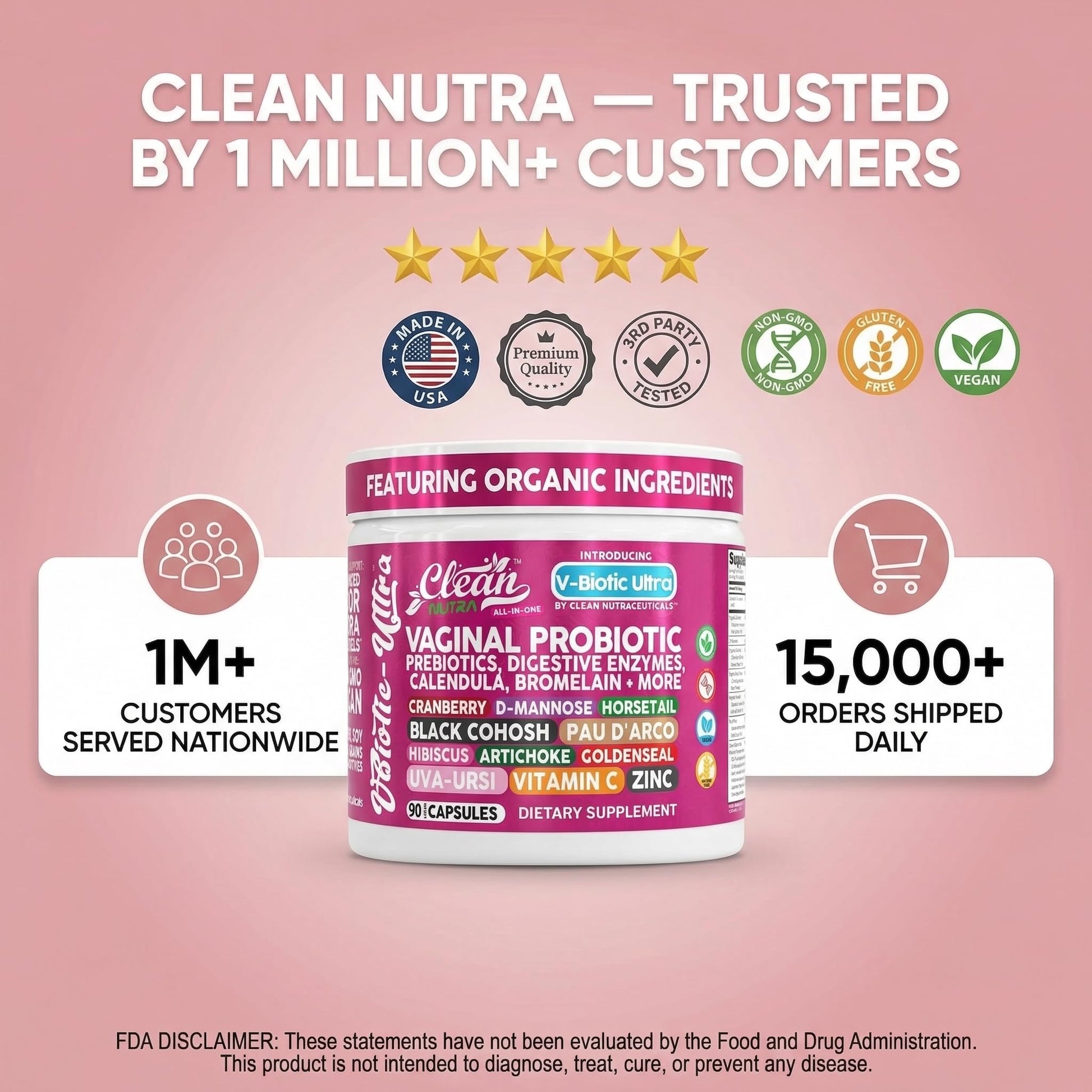Clean Nutra Vaginal Probiotics for Women + Prebiotics Digestive Enzymes Bromelain Cranberry D Mannose Horsetail Black Cohosh Artichoke Hibiscus Flowers Probiotic for Digestive Health 90 Vegan Capsules Clean NutraceuticalsAu supplements