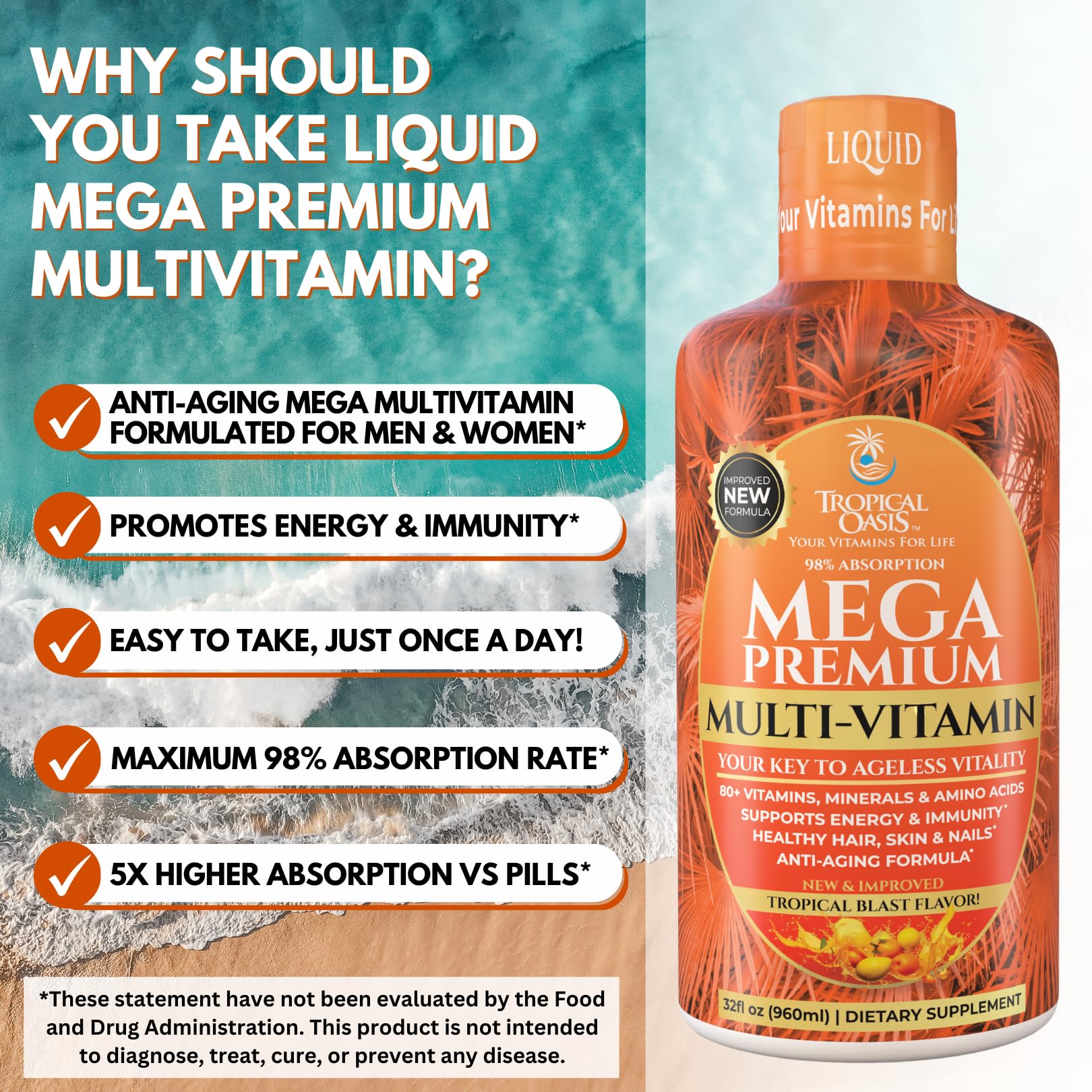 Mega Premium Liquid Multivitamin | Natural Immune Support Vitamin w/ 1333% Vitamin C, 200% D3, Zinc + 20 Vitamins, 70 Minerals, & 21 Amino Acids | Sugar Free | Orange Flavor | 98% Absorption | 32 Serv Tropical OasisAu supplements