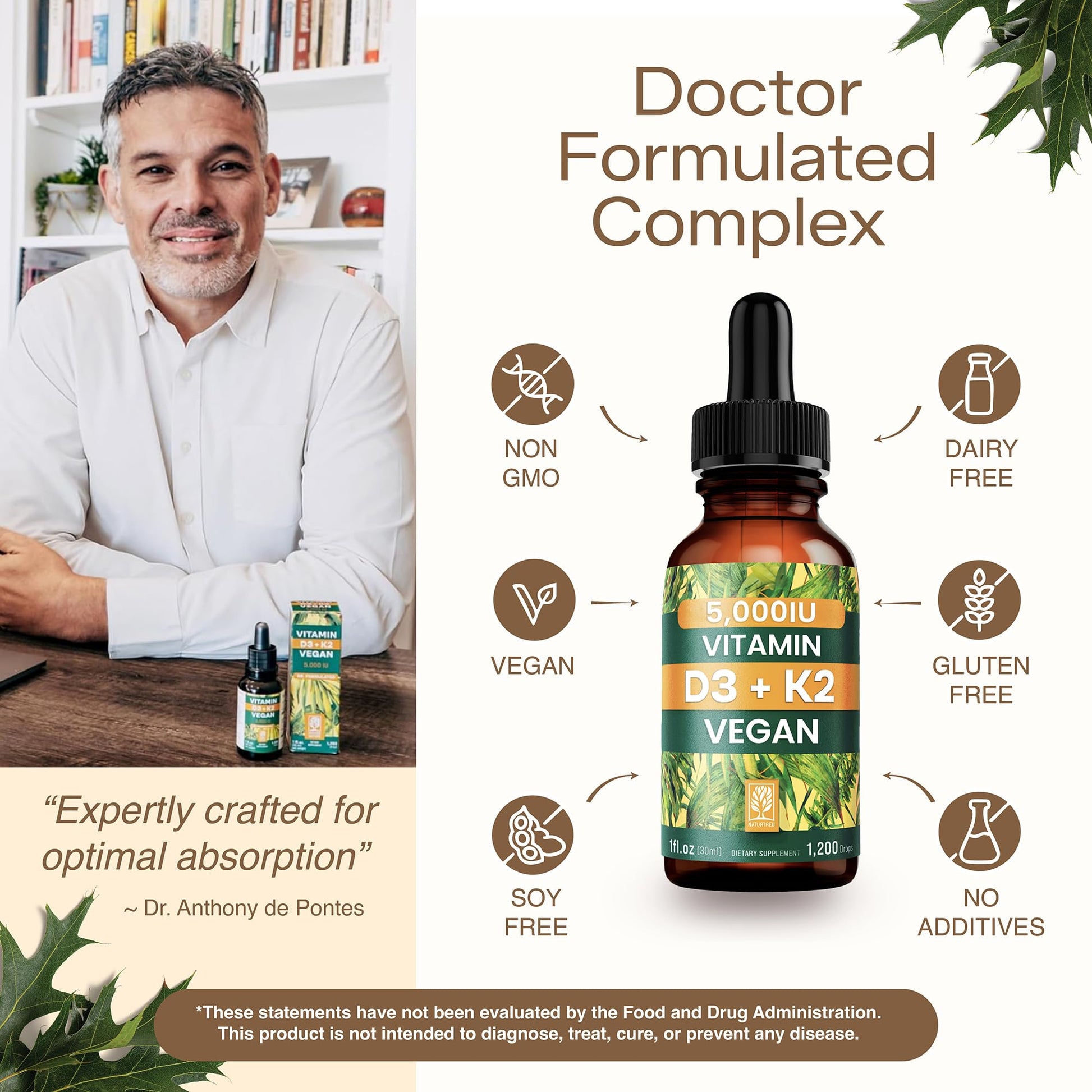 NATURTREU Vegan Vitamin D3 K2 Liquid Drops with MCT Oil for Adults (240 Servings) - Liquid Vitamin D K2 MK7 - All Natural, Non-GMO & Dr Formulated with 3X More Absorption - Third-Party Tested NATURTREUAu supplements