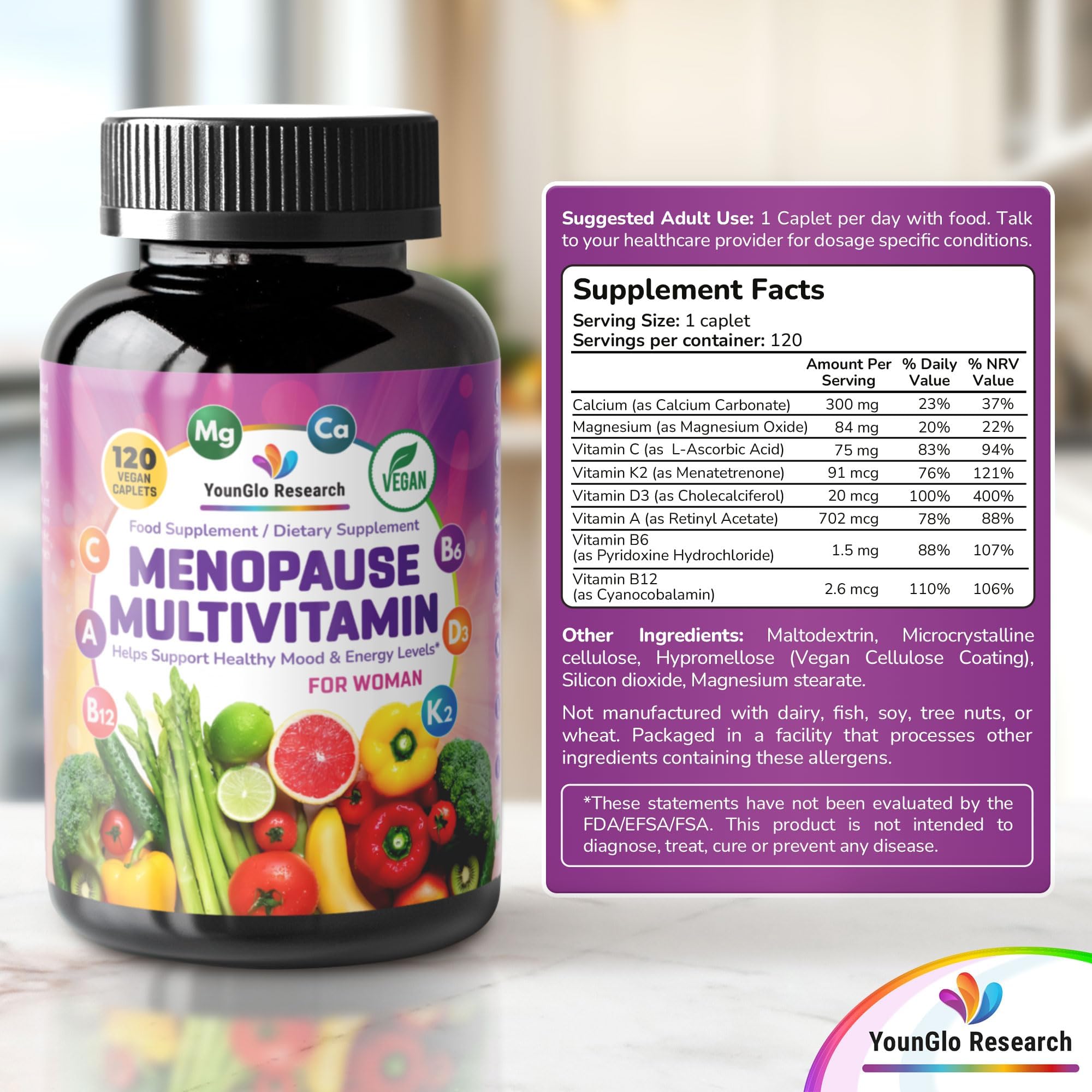 YounGlo Research Menopause Supplement - 120 Vegan Caplets - Menopause & Perimenopause Relief Support - Food and Dietary Vitamins - Multivitamin for Women YounGlo ResearchAu supplements