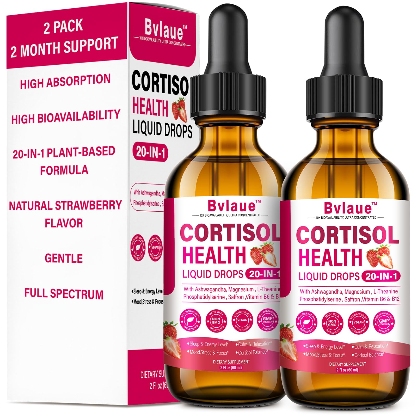 Bvlaue Cortisol Supplements Detox for Women - 20-in-1 Cortisol Reducer,Manager,Lower w/Ashwagandha,Magnesium,L-Theanine,Saffron,Rhodiola for Hormone Balance/Sleep/Stress Relief,Strawberry Flavor BvlaueAu supplements