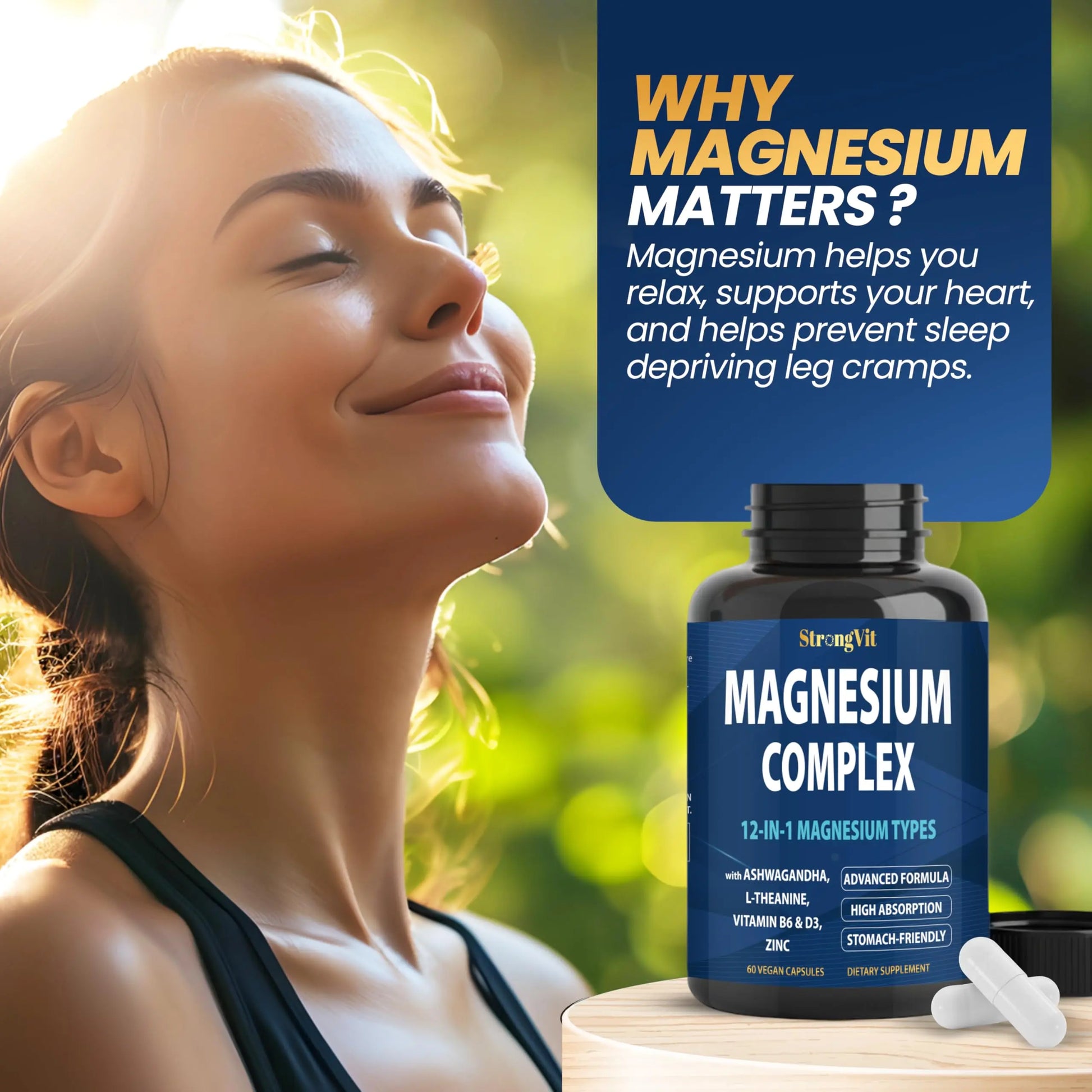 1000mg Magnesium Complex for Women and Men, 12 in 1 Magnesium Supplement with Ashwagandha, Zinc, D3, L-theanine. Easy to Swallow, High Absorption, Sleep Support & Stress Relief (60 Capsules) StrongVitnz supplements