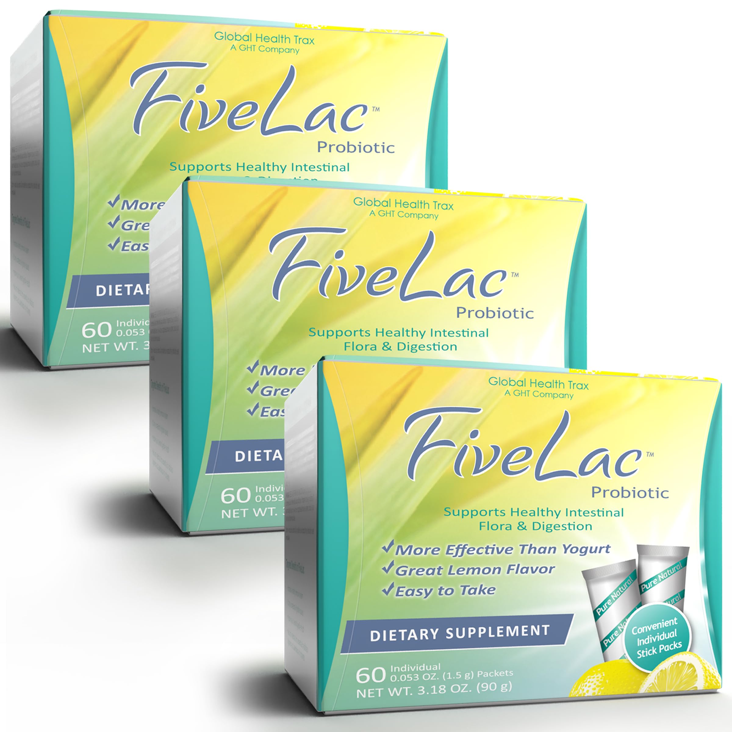 GHT - FiveLac Lemon Probiotic Powder Drink Mix, Probiotics for Women, Men, and Kids - Smooth Digestive Support and Elimination - Relieves Occasional Constipation and Gas - 60 Packets (3 Pack) Non-GMO ght Global Health TraxAu supplements