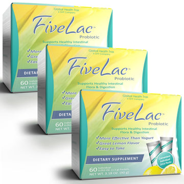 GHT - FiveLac Lemon Probiotic Powder Drink Mix, Probiotics for Women, Men, and Kids - Smooth Digestive Support and Elimination - Relieves Occasional Constipation and Gas - 60 Packets (3 Pack) Non-GMO ght Global Health TraxAu supplements