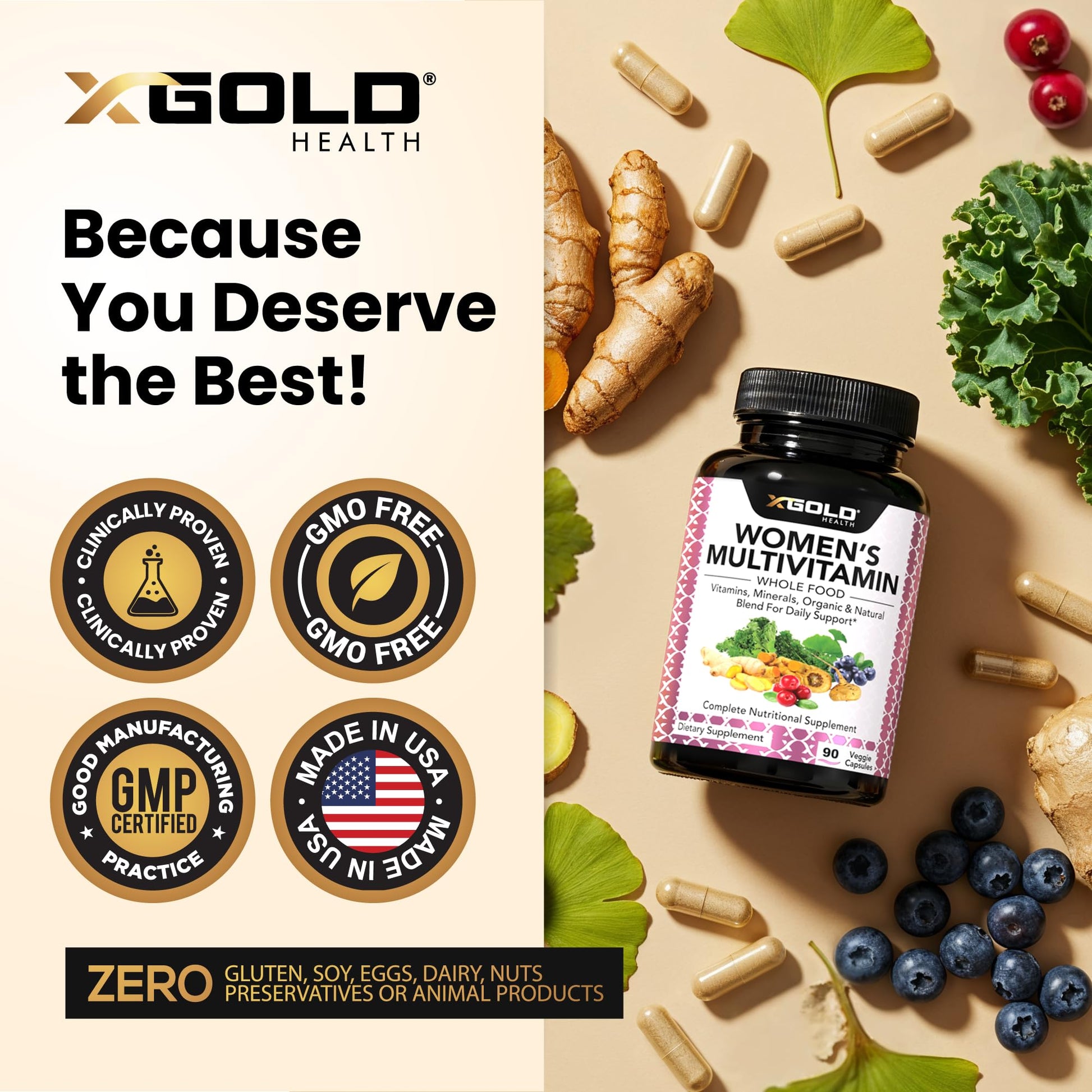 Vegan Women's Daily Multivitamin 50 Plus with Organic WholeFood Based Natural Ingredients, Ginger, Maca, Multi-Vitamin B Complex & More X Gold HealthUS supplements