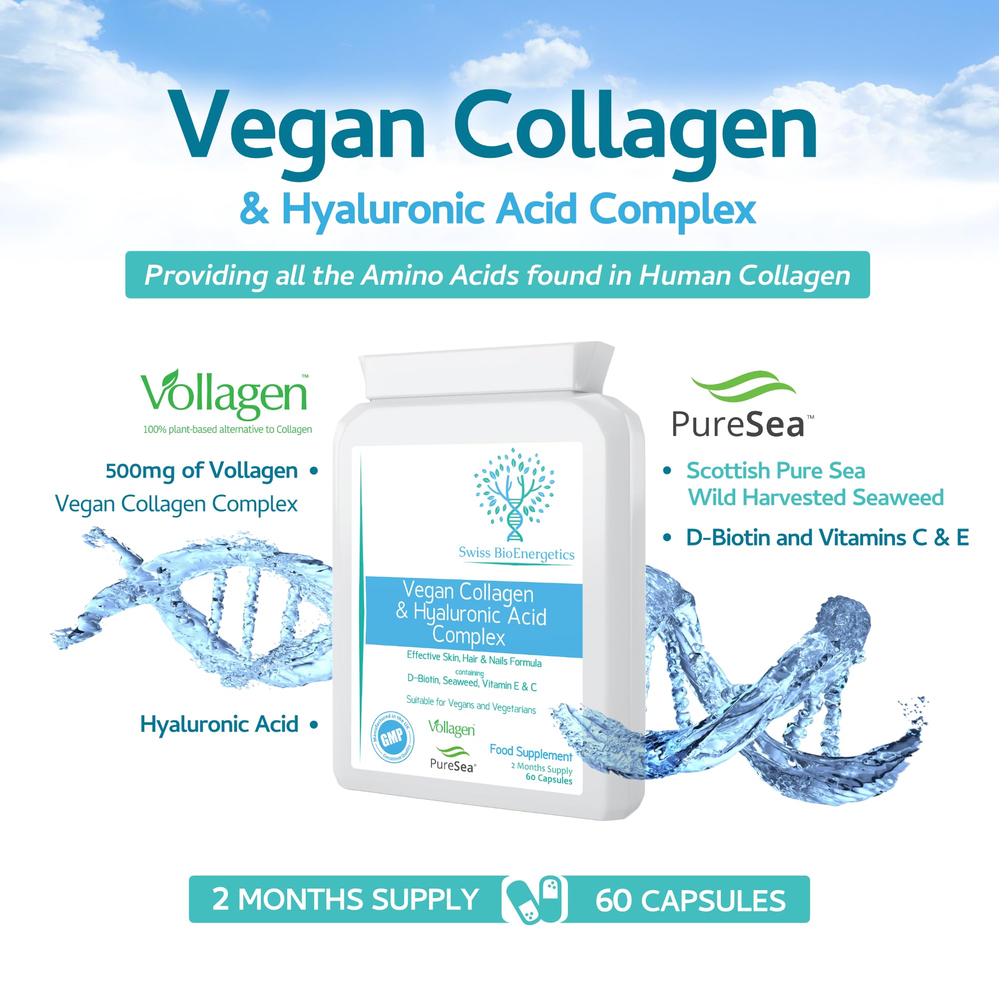 Vegan Collagen & Hyaluronic Acid Complex - 60 Capsules - Effective Skin, Hair & Nails Formula with 500mg swiss bioenergeticsAu supplements