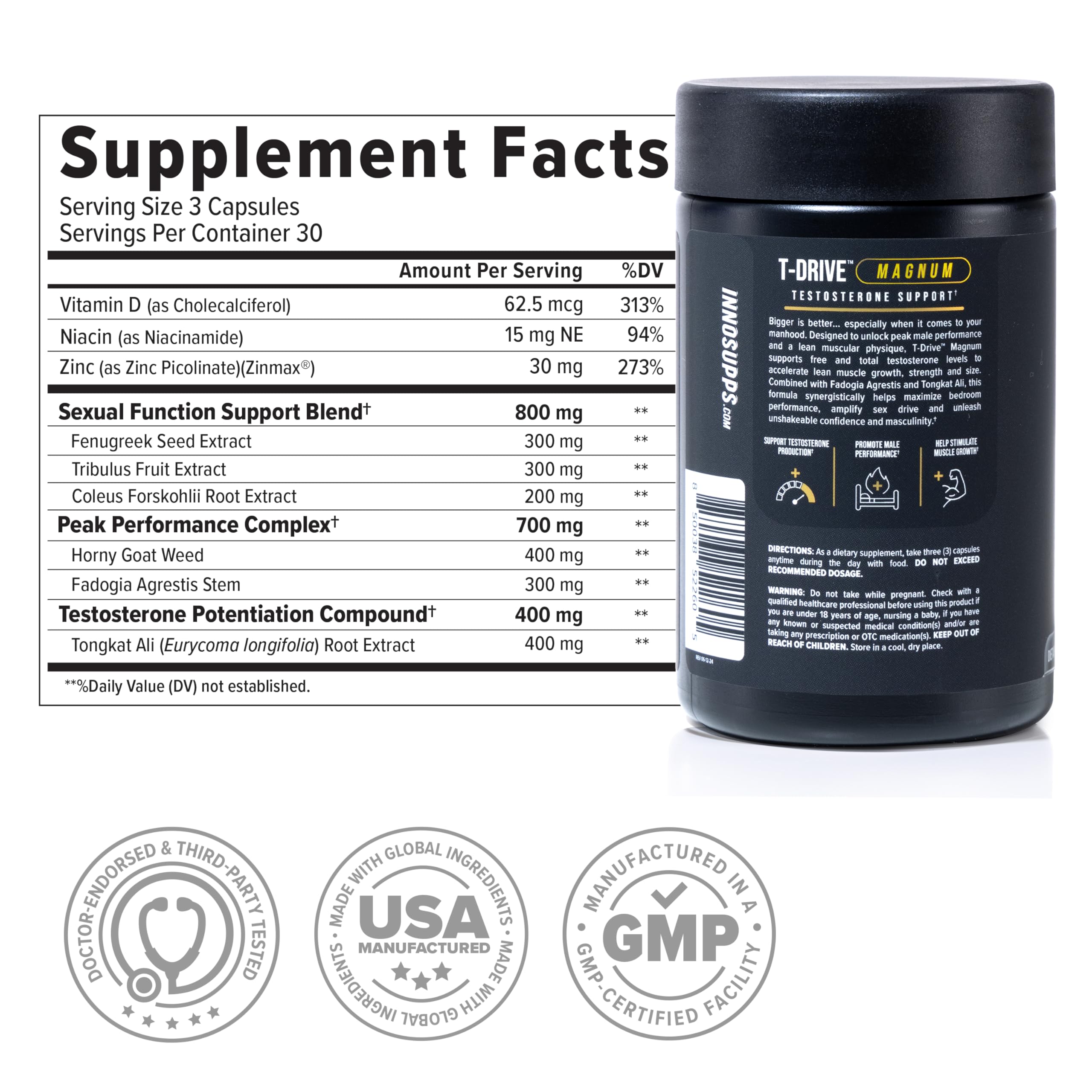 InnoSupps T-Drive Magnum Testosterone Booster Enhance Peak Performance Amplify Muscle Growth, Increase Libido & Energy Levels, Horny Goat Weed Tongkat Ali, Zinc, Fenugreek, Fat Burner 90 Caps/30 Days InnoSuppsAu supplements