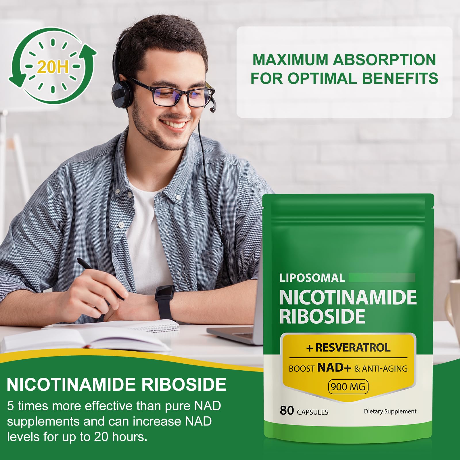 NAD Supplement with Nicotinamide Riboside - Resveratrol,Liposomal Nicotinamide Riboside,Quercetin - High Purity NAD Supplement for Anti-Aging, Focus, Energy 160 Capsules (2 Bag) RuduwuAu supplements
