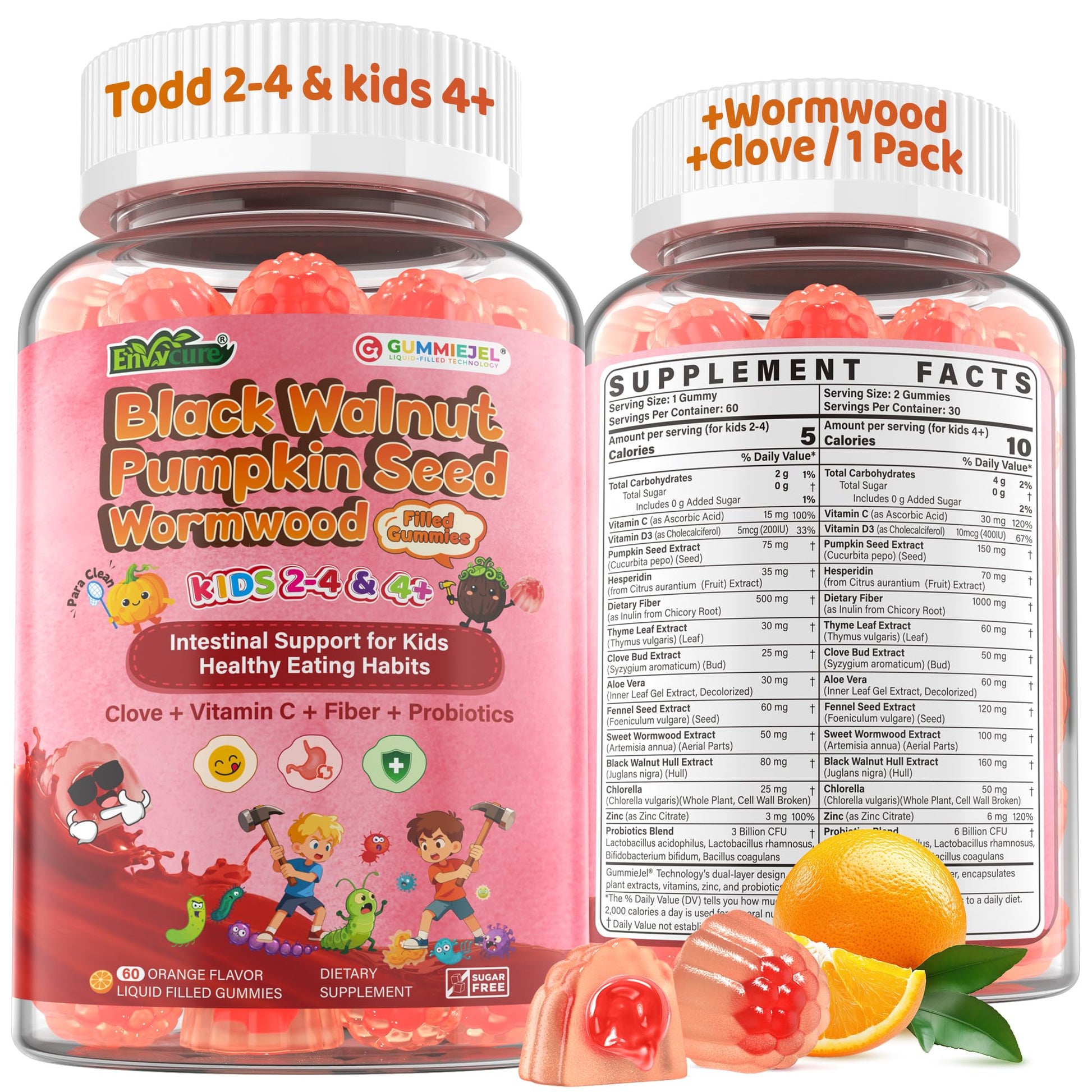 Toddler 2-4 & Kids 4+ Para Clean Gut Health Gummies w/Black Walnut, Wormwood, Clove, Pumpkin Seeds, Vitamin C, D3, Zinc, Digestive Supplement for Natural Gut Cleanse, Kids Immune Support (60cts) EnvyCureAu supplements