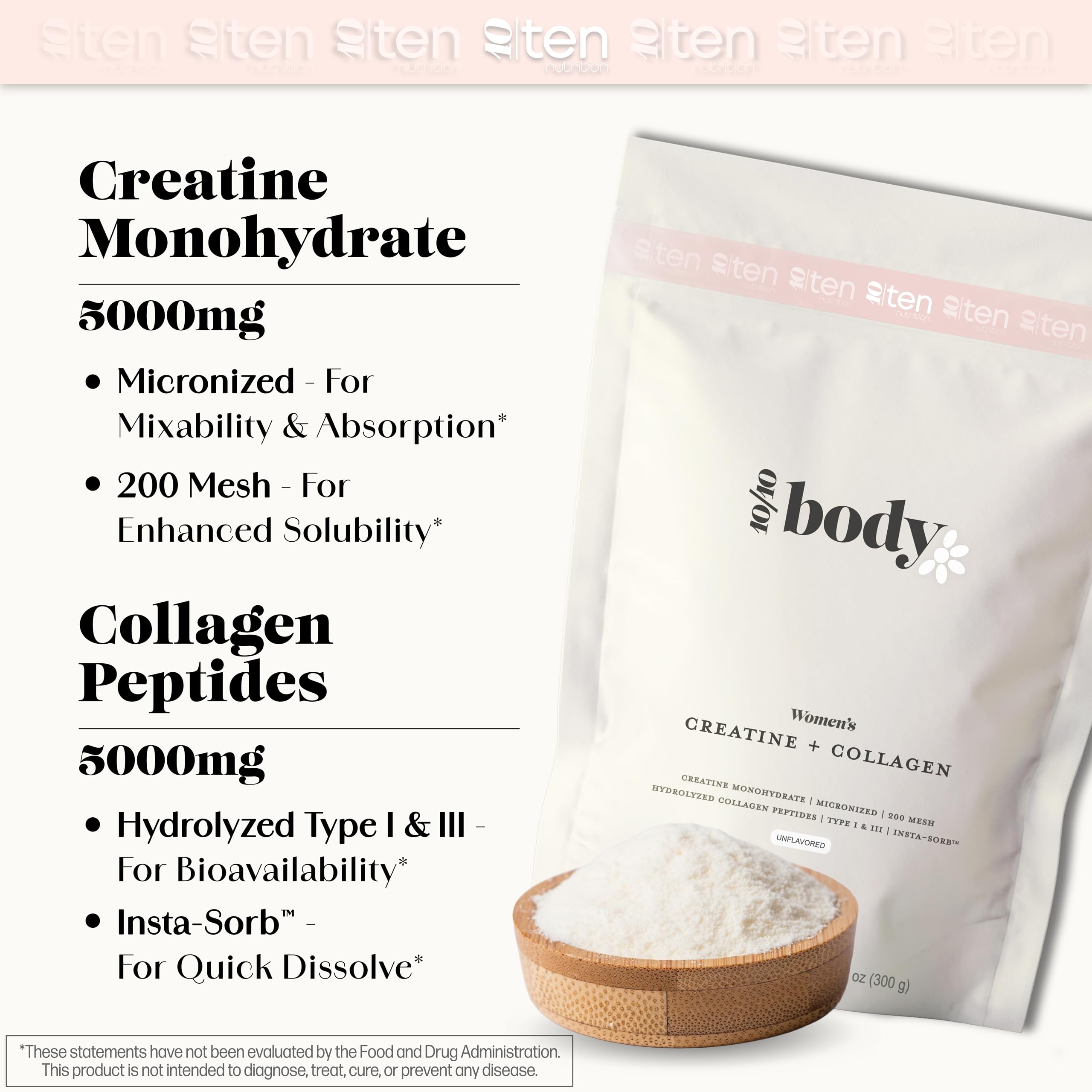 New - Creatine + Collagen for Women – Supports Lean Muscle Growth & Development, Booty Gain, Energy & Recovery – 5g Creatine Monohydrate Plus 5000mg Collagen Peptides Combo – Unflavored, 30 Servings 10Ten NutritionAu supplements
