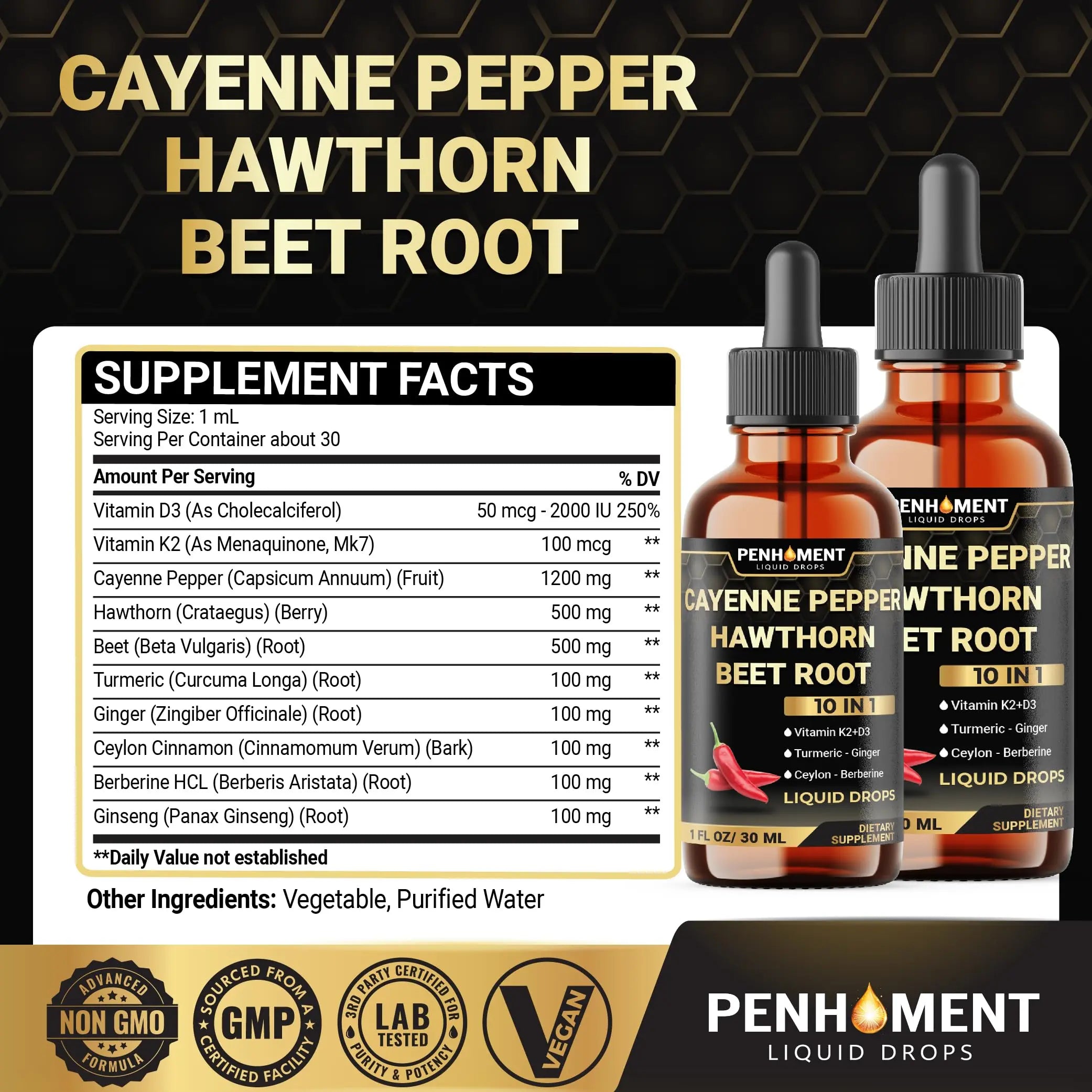 Penhoment 2 Packs - 2700 mg 10in1 Cayenne Pepper Liquid Drops with Hawthorn Berry, Vitamin D3 K2, Beet Root, Ginger Turmeric, Ginger, Ceylon Cinnamon, Berberine, and Ginseng - 2 Months Penhomentnz supplements