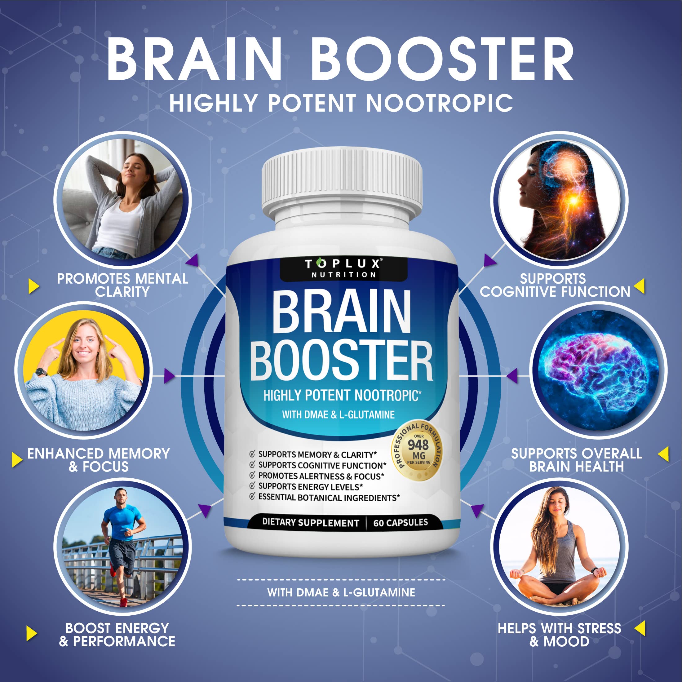 Toplux Brain Supplement Nootropic – Brain Pills Vitamin with DMAE, Bacopa Monnieri, L-Gutamine, for Men Women, 60 Capsules, Nutrition TopluxAu supplements