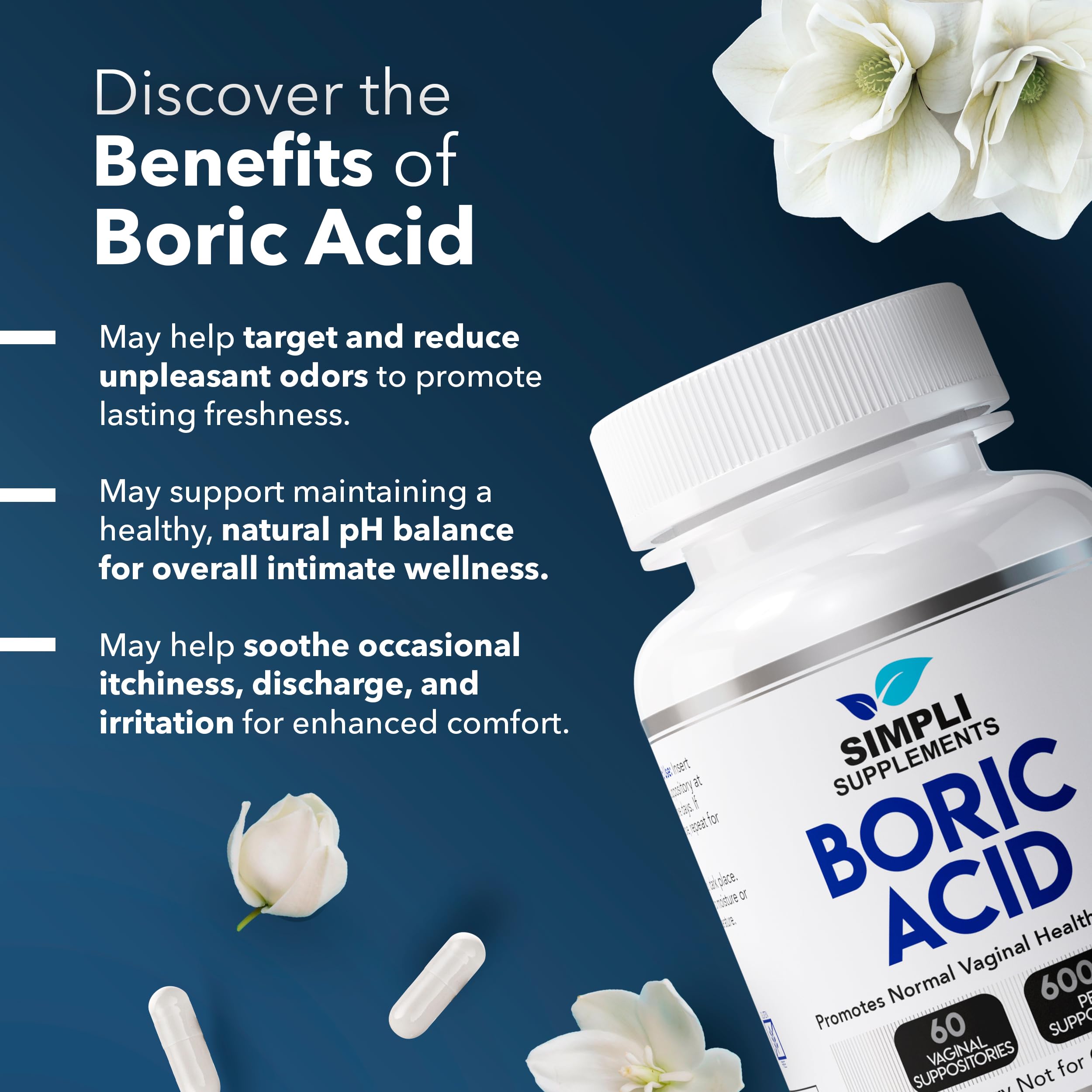 Simpli Supplements Boric Acid Suppositories for Women 600mg – 60 Count | Vaginal pH Balance Support | Feminine Care | Helps Maintain Freshness & Odor Control Simpli SupplementsUS supplements