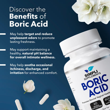 Simpli Supplements Boric Acid Suppositories for Women 600mg – 60 Count | Vaginal pH Balance Support | Feminine Care | Helps Maintain Freshness & Odor Control Simpli SupplementsUS supplements