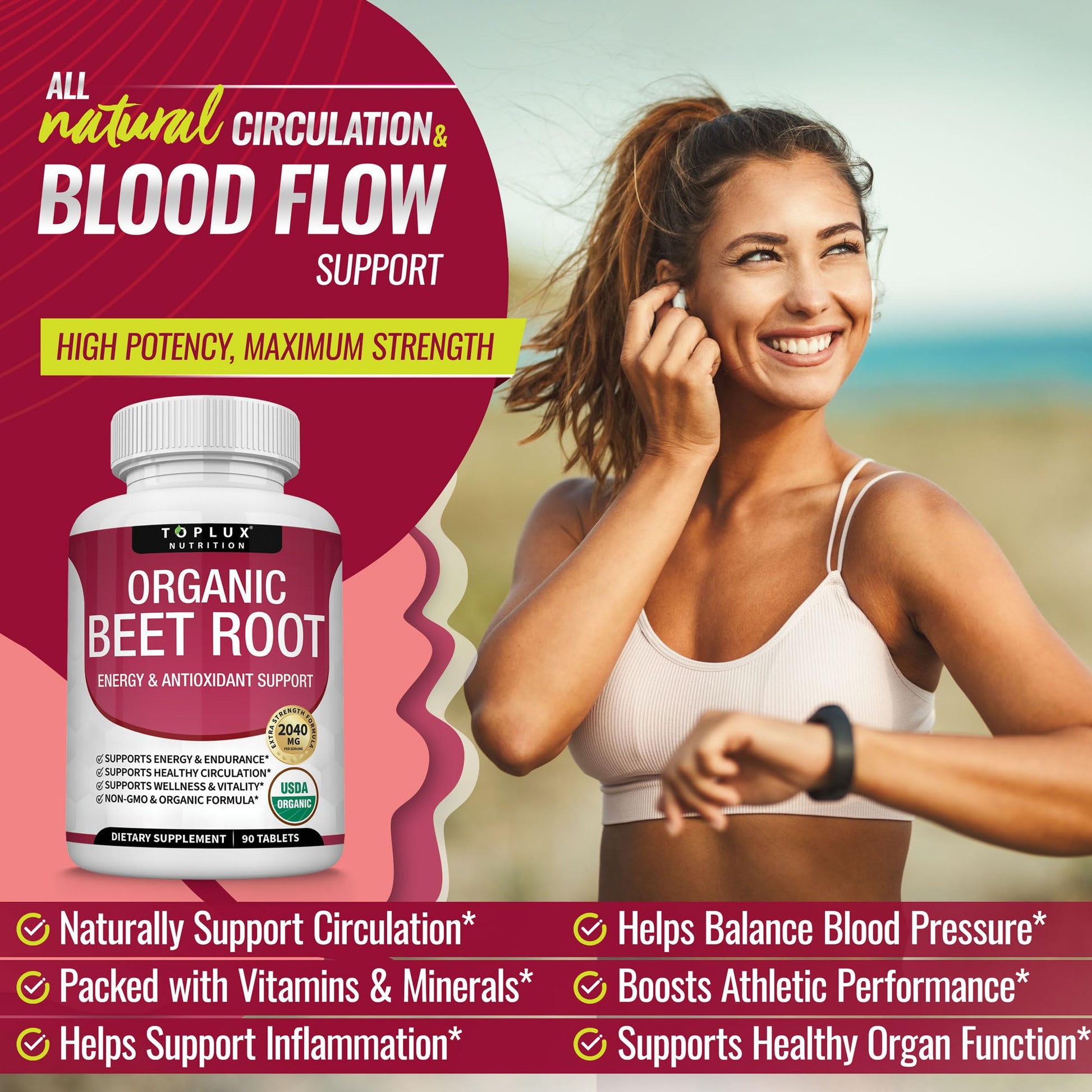 Organic Beet Root Powder Tablets - 2040mg Natural Nitric Oxide Beets to Support, Energy TopluxAu supplements