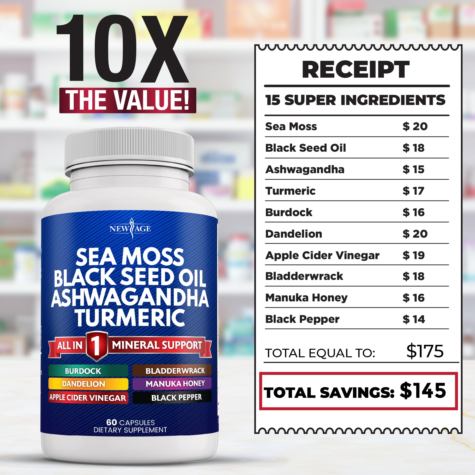 Silica Sea Moss 3000mg Black Seed Oil 2000mg Ashwagandha 1000mg Turmeric 1000mg NEW AGEAu supplements