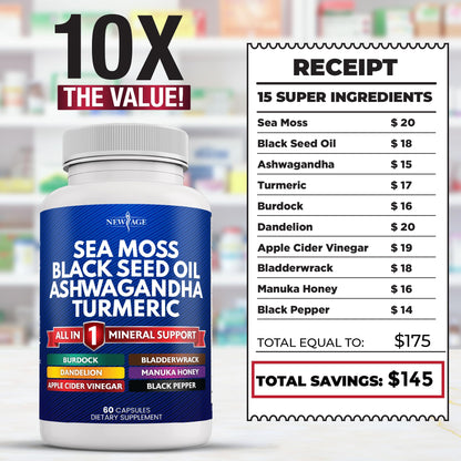 Silica Sea Moss 3000mg Black Seed Oil 2000mg Ashwagandha 1000mg Turmeric 1000mg NEW AGEUS supplements