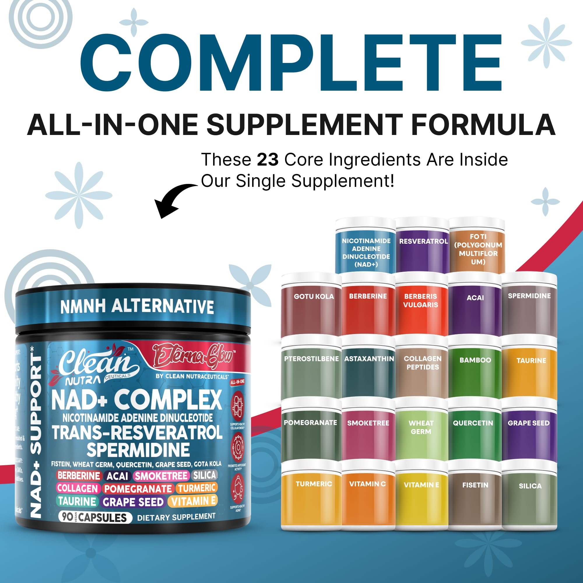 Clean NAD Supplement Resveratrol Liposomal NAD+ Spermidine Fisetin Wheat Germ Quercetin Grape Seed Extract Gotu Kola Berberine Astaxanthin Peptides for Women Energy 90 Capsules Clean NutraceuticalsAu supplements