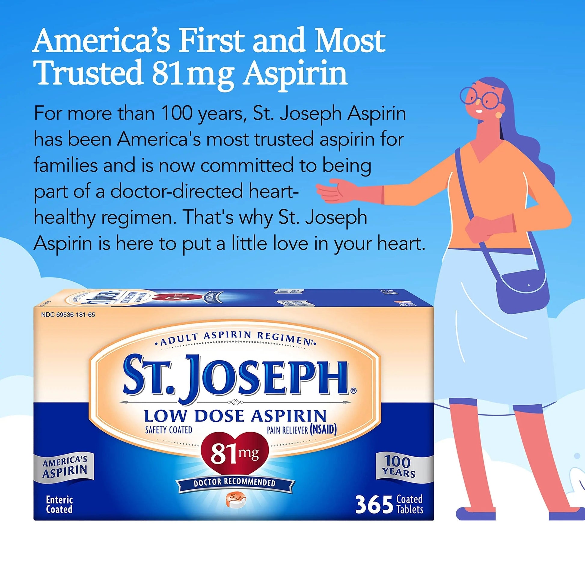 St. Joseph Aspirin Pain Reliever (NSAID) 81mg, Enteric Safety Coated, Adult Low Dose Aspirin, 365 ct St. JosephAu supplements